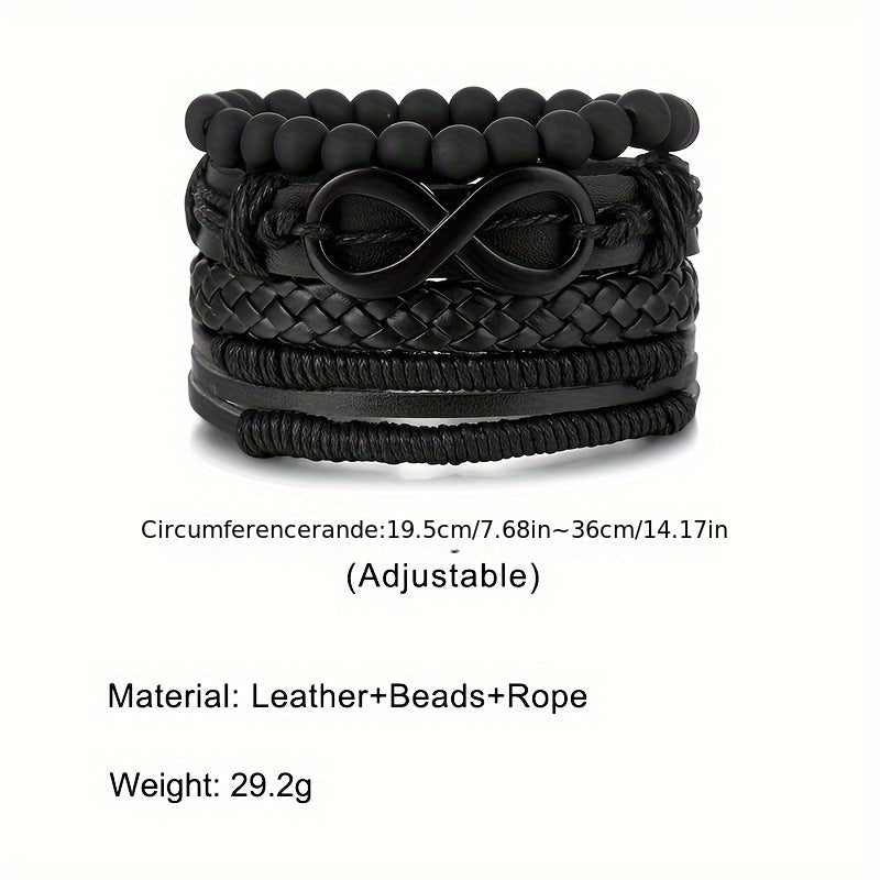 4pcs Möbius Strip Men's PU Leather Bracelets, Beads Multi-Layered Bracelets, Father's Day Gift