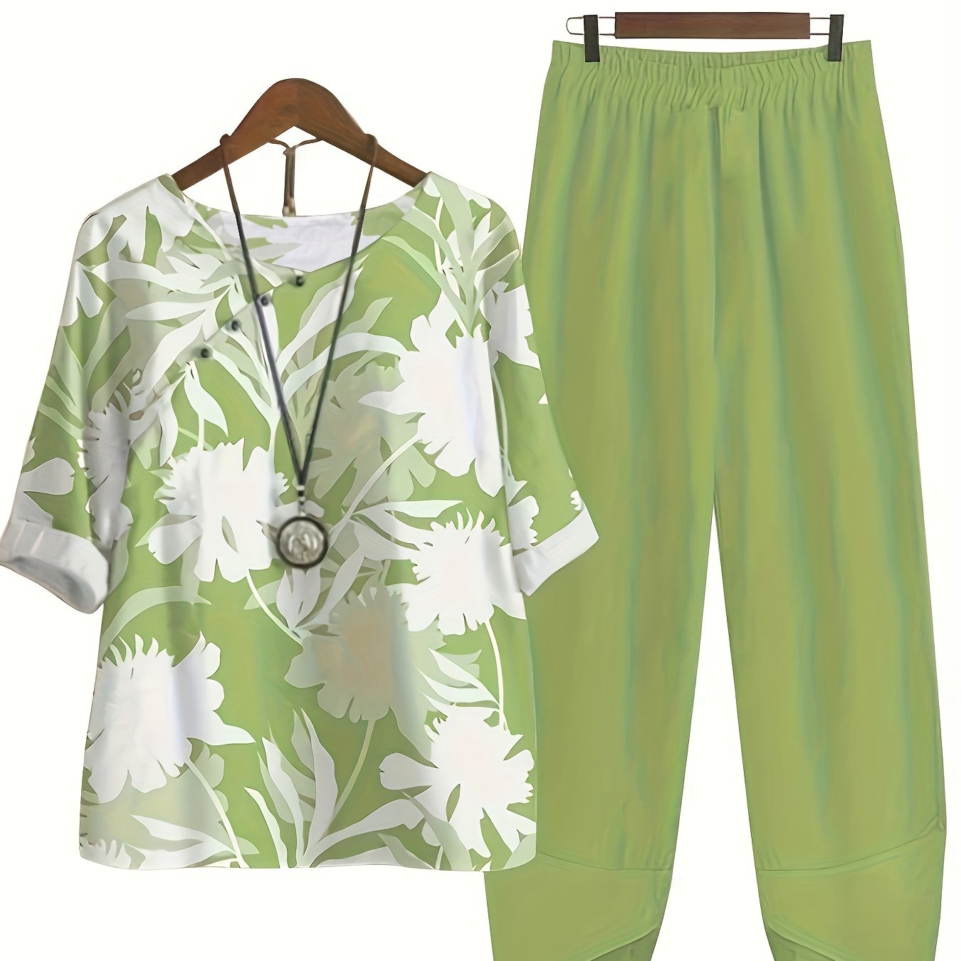 two-piece Women's Plant Print Top and Elastic Waist Pants Outfit - Comfortable and Stylish