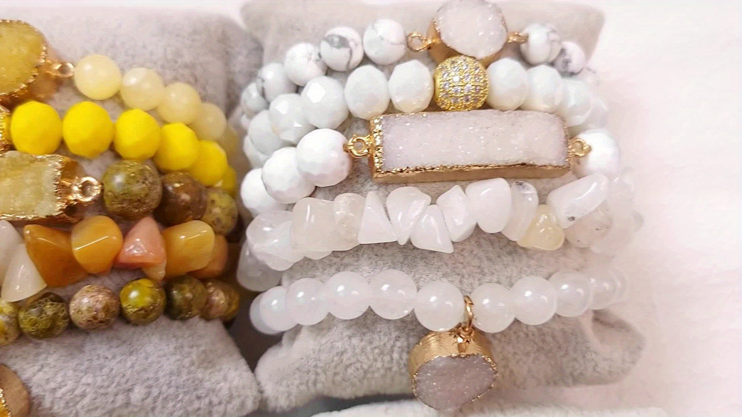 5pcs Bohemian Classic Beaded Bracelet Set, Natural Stone Druzy Gravel Glass, February Birthstone, Elastic Stackable Bracelets for Daily & Vacation Wear, Synthetic Zirconia Accents, All Seasons