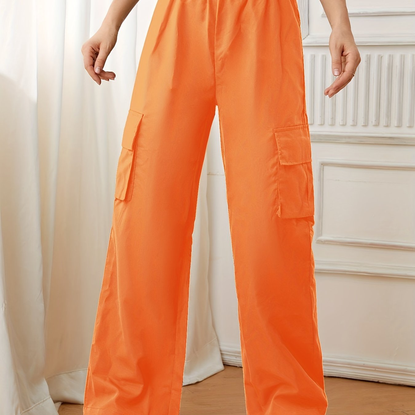 Flap Pockets Straight Leg Cargo Pants, Casual High Waist Pants, Women's Clothing