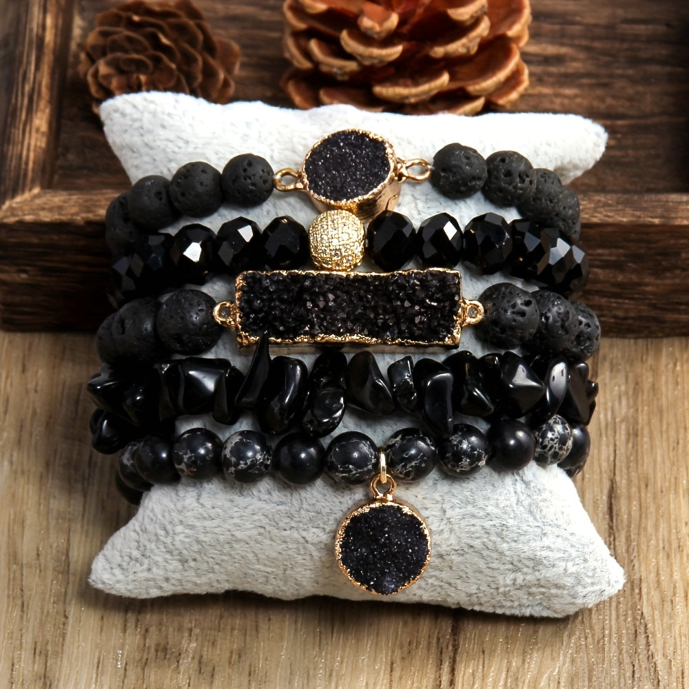 5pcs Bohemian Classic Beaded Bracelet Set, Natural Stone Druzy Gravel Glass, February Birthstone, Elastic Stackable Bracelets for Daily & Vacation Wear, Synthetic Zirconia Accents, All Seasons