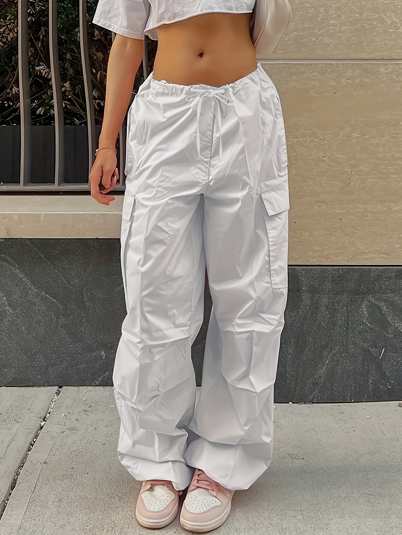 Y2K Loose Drawstring Cargo Pants, Casual Pocket High Waist Solid Wide Leg Fashion Comfy Pants, Women's Clothing