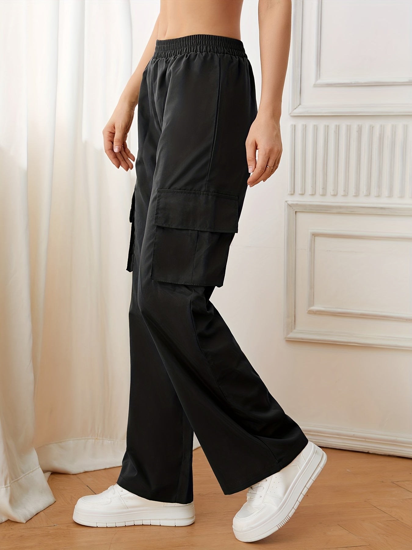 Flap Pockets Straight Leg Cargo Pants, Casual High Waist Pants, Women's Clothing