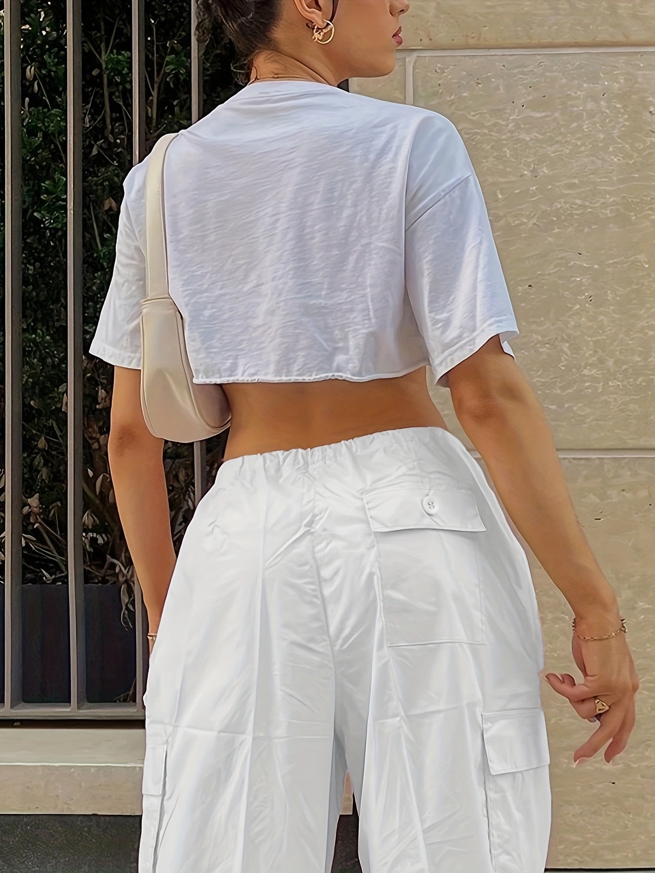 Y2K Loose Drawstring Cargo Pants, Casual Pocket High Waist Solid Wide Leg Fashion Comfy Pants, Women's Clothing