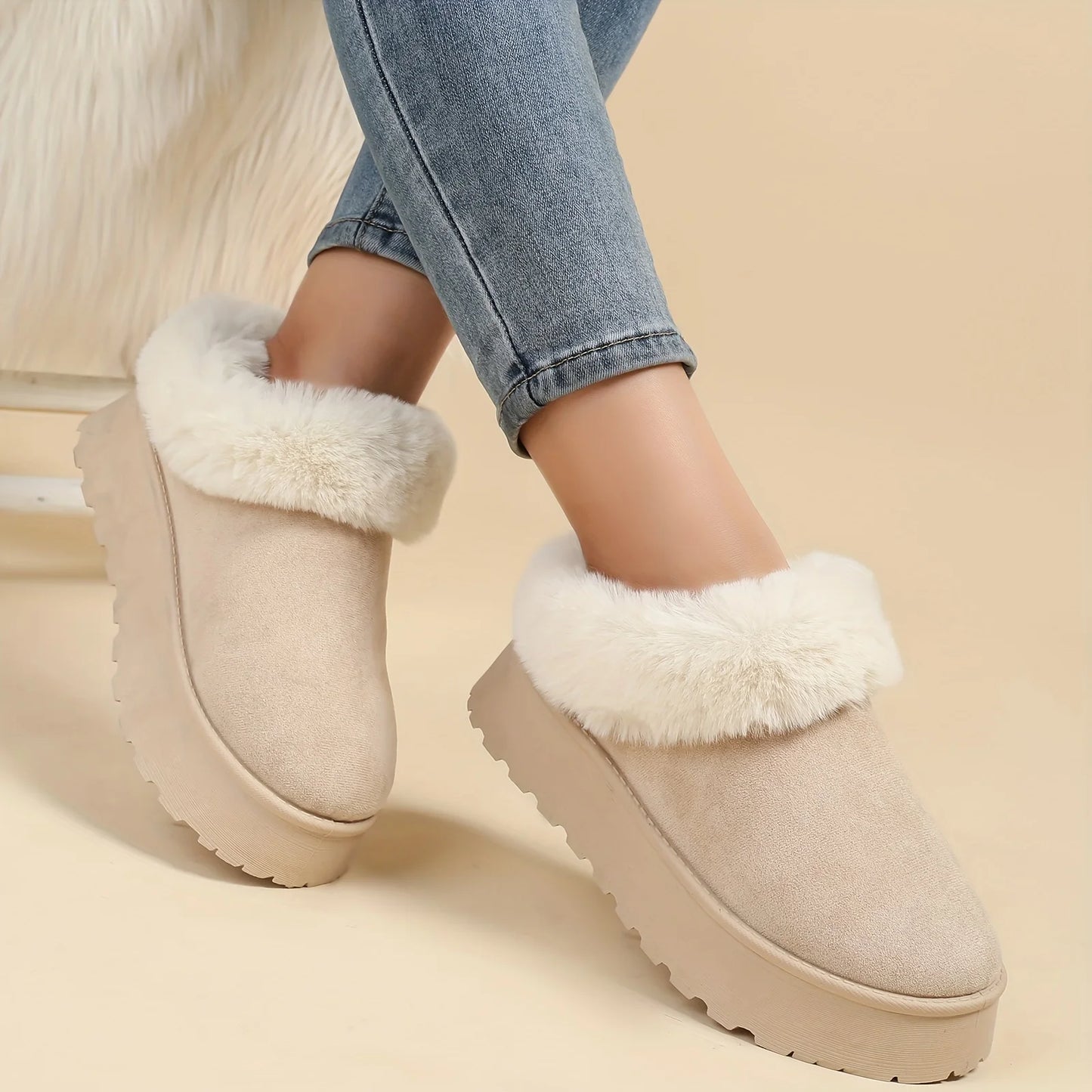 Women's Winter Snow Boots with Plush Toe New Solid Color Thick-Soled Slip-On Design Retro Style for Autumn