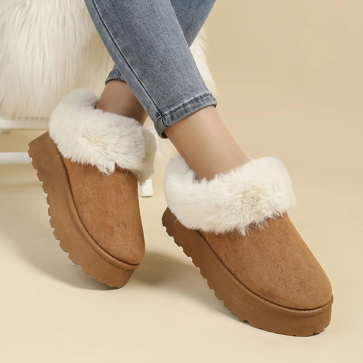 Women's Winter Snow Boots with Plush Toe New Solid Color Thick-Soled Slip-On Design Retro Style for Autumn