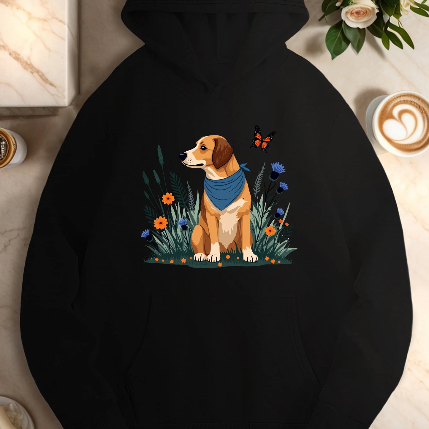 dog with plants and flowers women's casual hoodies