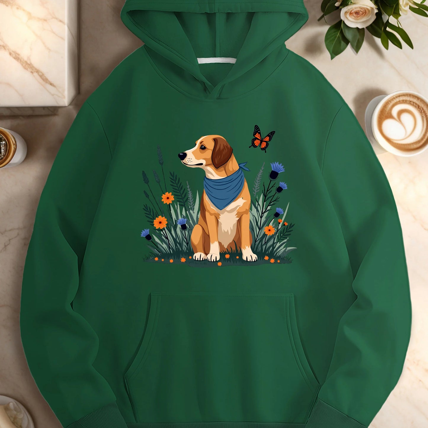 dog with plants and flowers women's casual hoodies