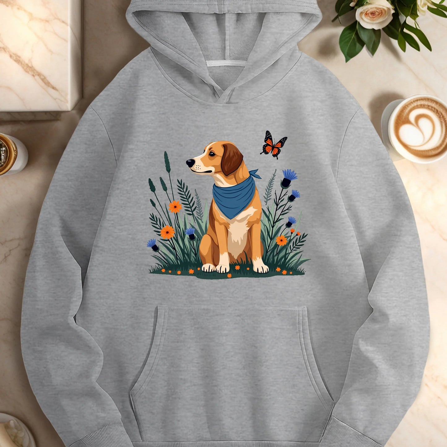 dog with plants and flowers women's casual hoodies