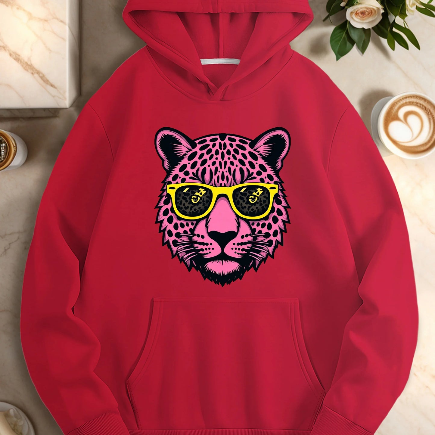 Sunglasses Stylized pink leopard head women's casual hoodies