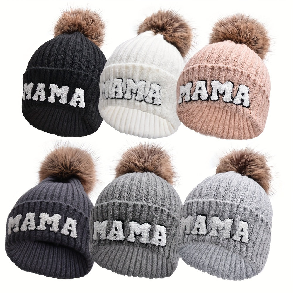 2-Piece Parent-Child Beanie Hats Set - Hats & Caps, Soft, Thickened, Knitted, Warm, Fur Ball, Mama and Mini, Christmas Gift, Winter Skiing Headwear