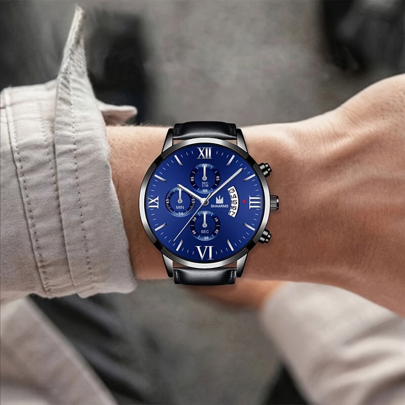Casual Sports Men's Belt Quartz Watch & 2pcs Bracelets