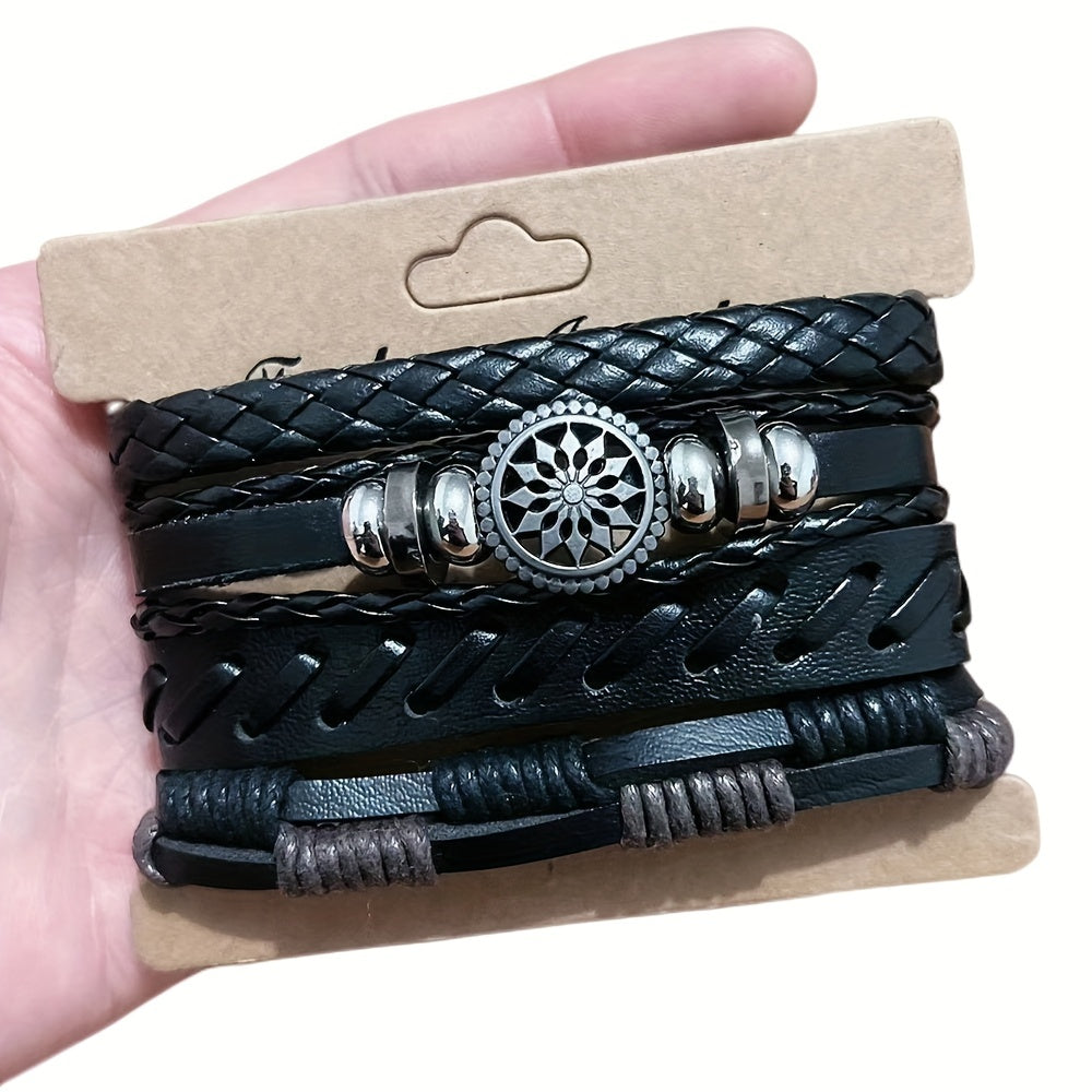 4Pcs/set Fashionable Vintage PU Leather Woven Bracelet Men Charm Bracelets, Father's Day Gift