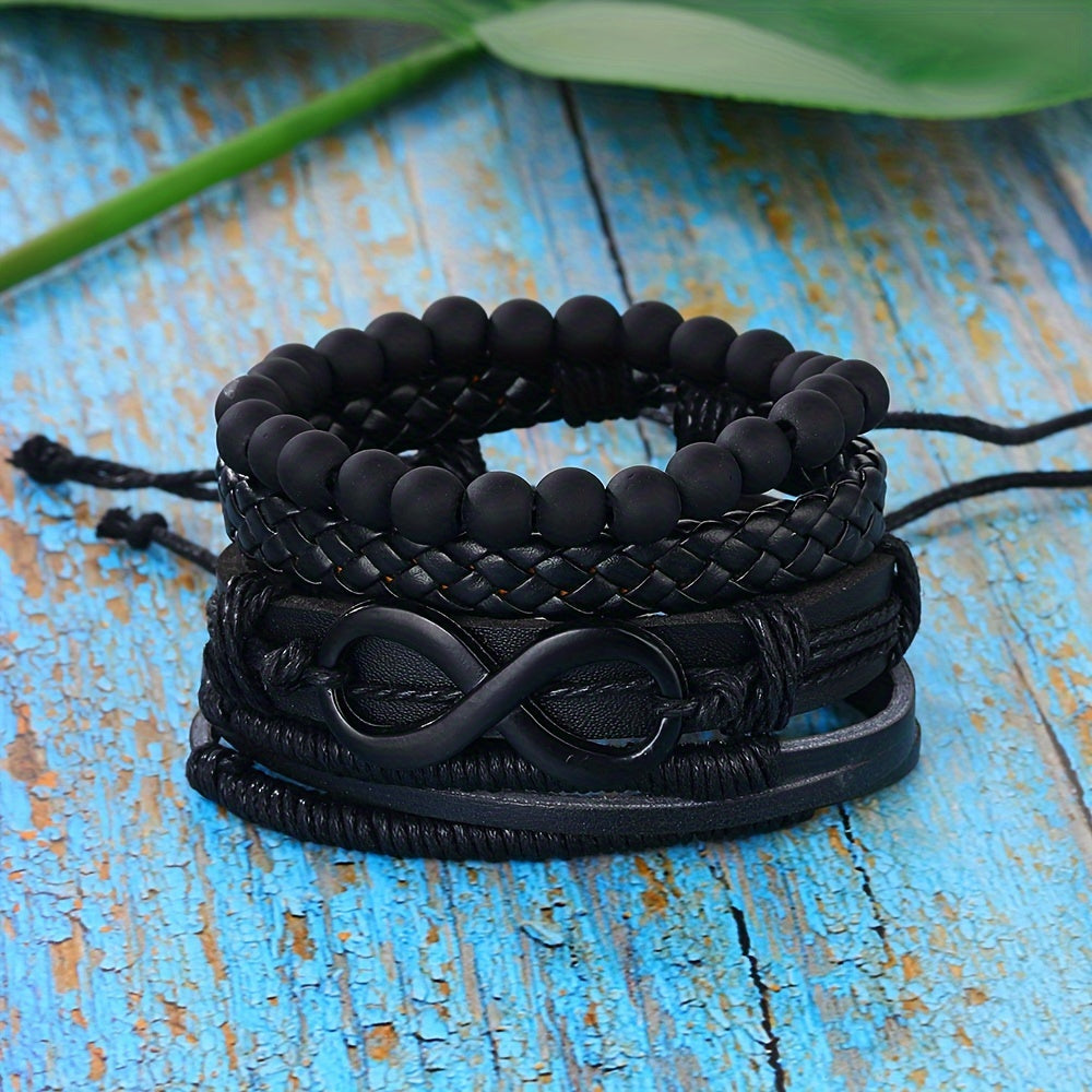 4pcs Möbius Strip Men's PU Leather Bracelets, Beads Multi-Layered Bracelets, Father's Day Gift