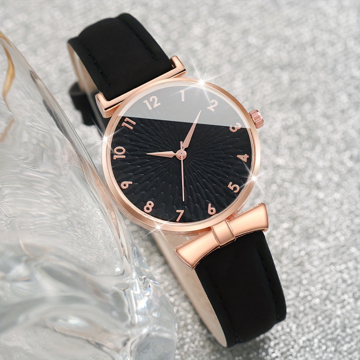 6pcs/set Women's Watch Casual Round Pointer Quartz Watch Analog PU Leather Wrist Watch & Heart Leaf Bracelets, Gift For Mom Her