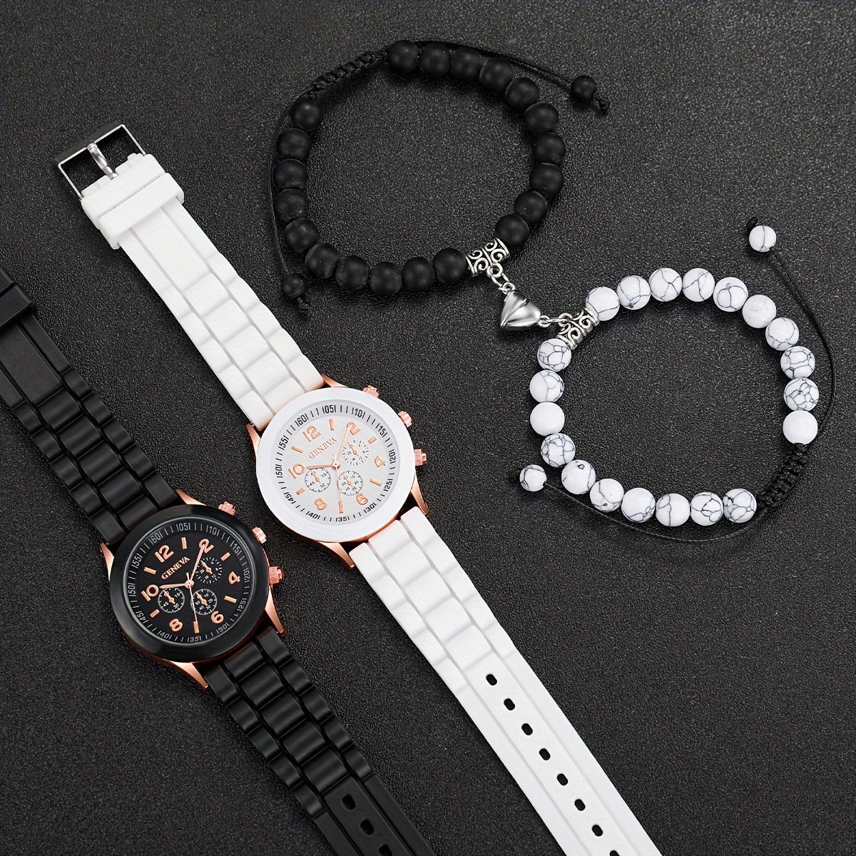 4pcs/set Casual Fashion Couples Quartz Watch Analog Silicone Wrist Watch & Heart Matching Bracelets, Valentines Gift For Him Her