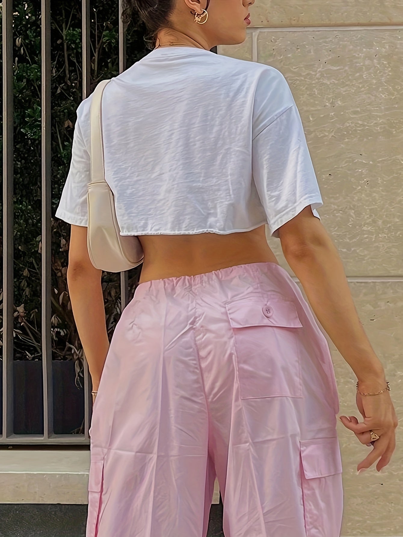 Y2K Loose Drawstring Cargo Pants, Casual Pocket High Waist Solid Wide Leg Fashion Comfy Pants, Women's Clothing