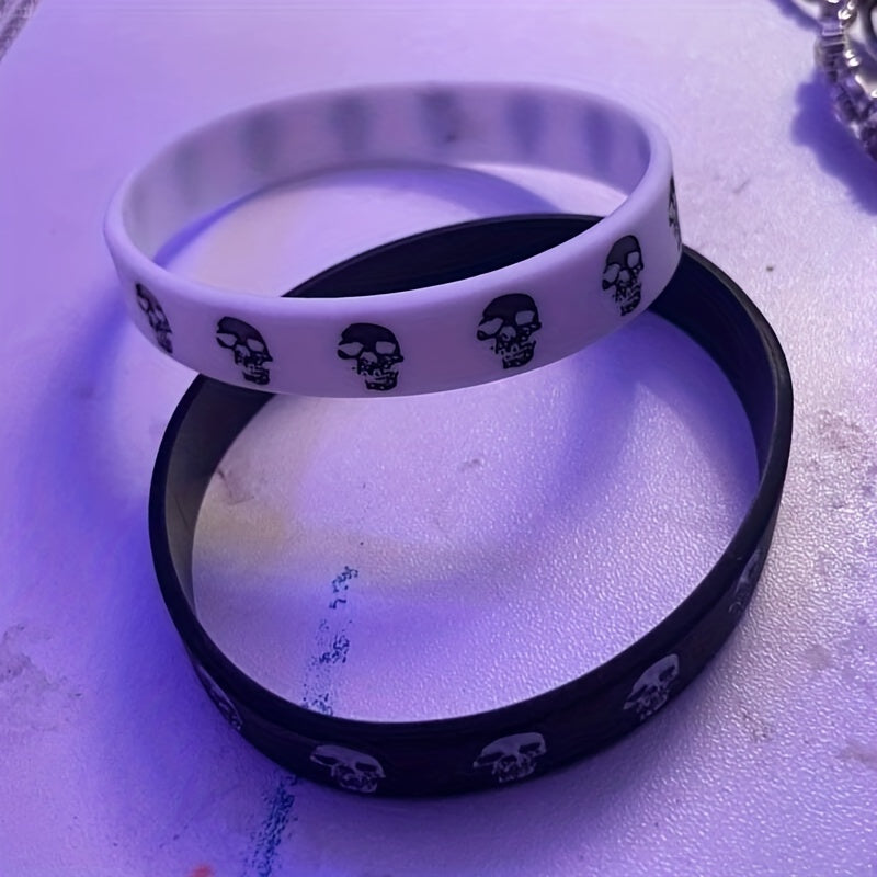 2pcs/Set Punk Style Skull Silicone Bracelets, Funny Cool Sports Rubber Bracelet Bracelet Set