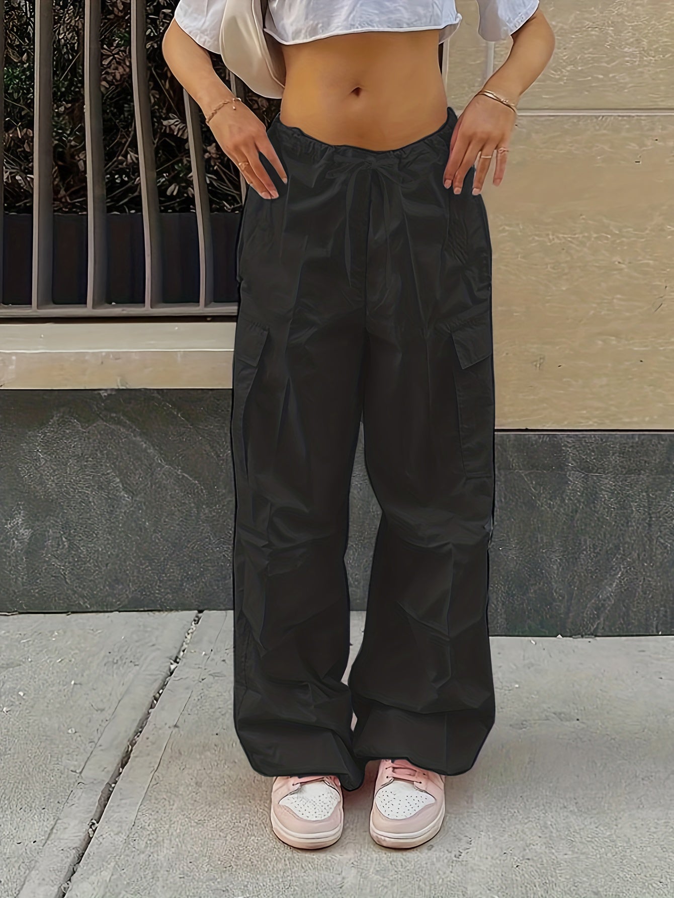 Y2K Loose Drawstring Cargo Pants, Casual Pocket High Waist Solid Wide Leg Fashion Comfy Pants, Women's Clothing