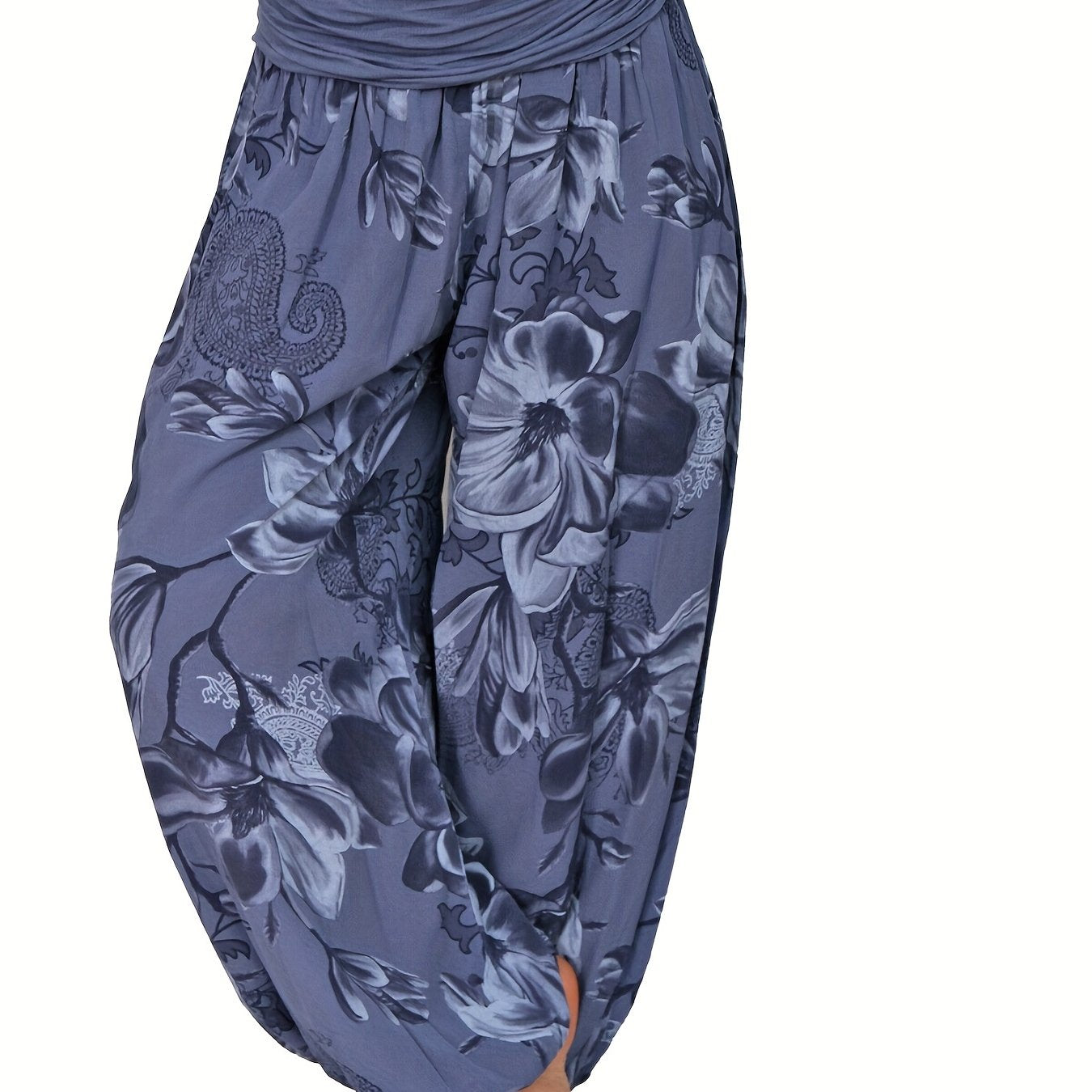 Women's Floral Print Harem Pants - Lightweight Polyester, Wide Leg, Casual Vacation Style, Blue and White Flowers, Relaxed Fit Pants|Vacation Style Pants|Machine Washable Fabric, Ladies Pants