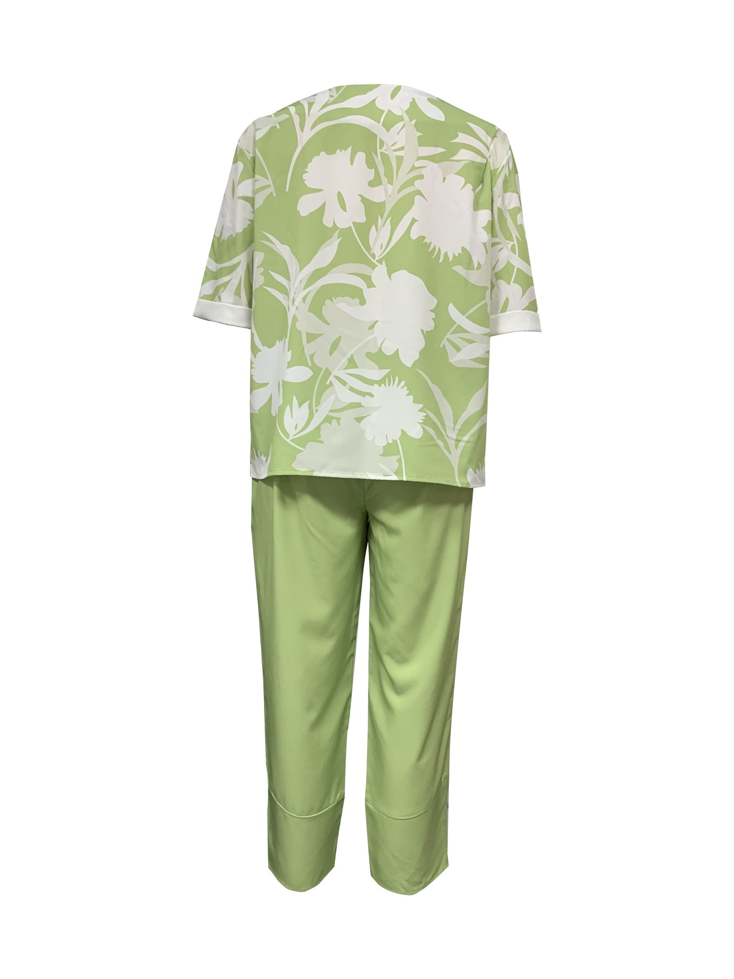 two-piece Women's Plant Print Top and Elastic Waist Pants Outfit - Comfortable and Stylish