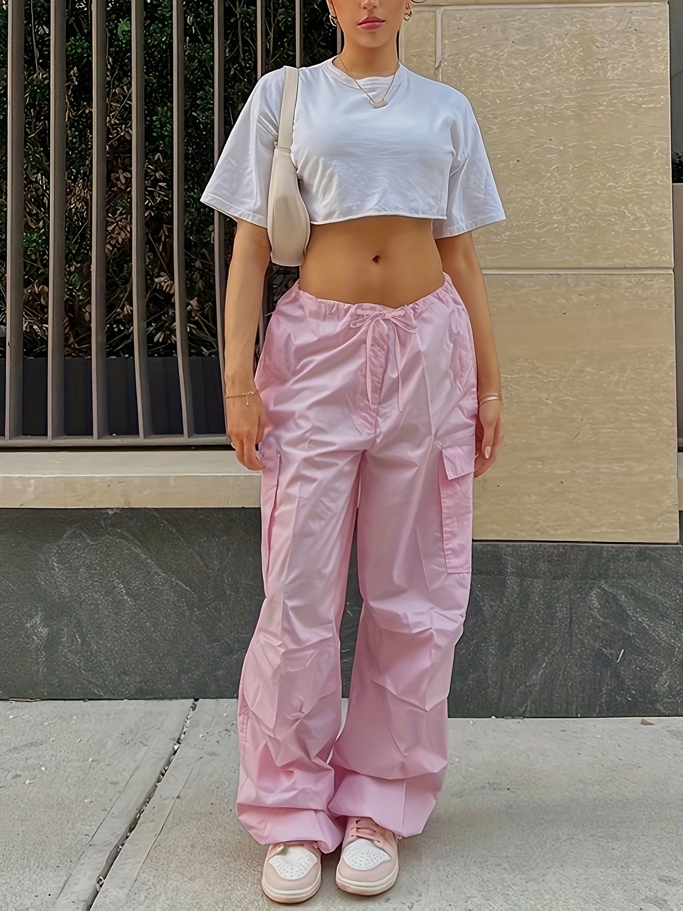 Y2K Loose Drawstring Cargo Pants, Casual Pocket High Waist Solid Wide Leg Fashion Comfy Pants, Women's Clothing