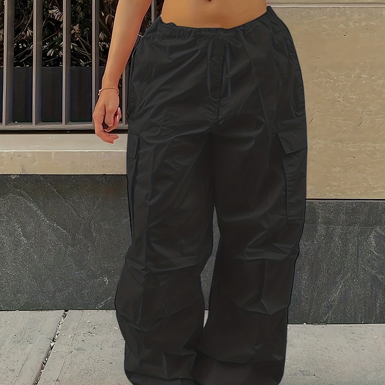 Y2K Loose Drawstring Cargo Pants, Casual Pocket High Waist Solid Wide Leg Fashion Comfy Pants, Women's Clothing