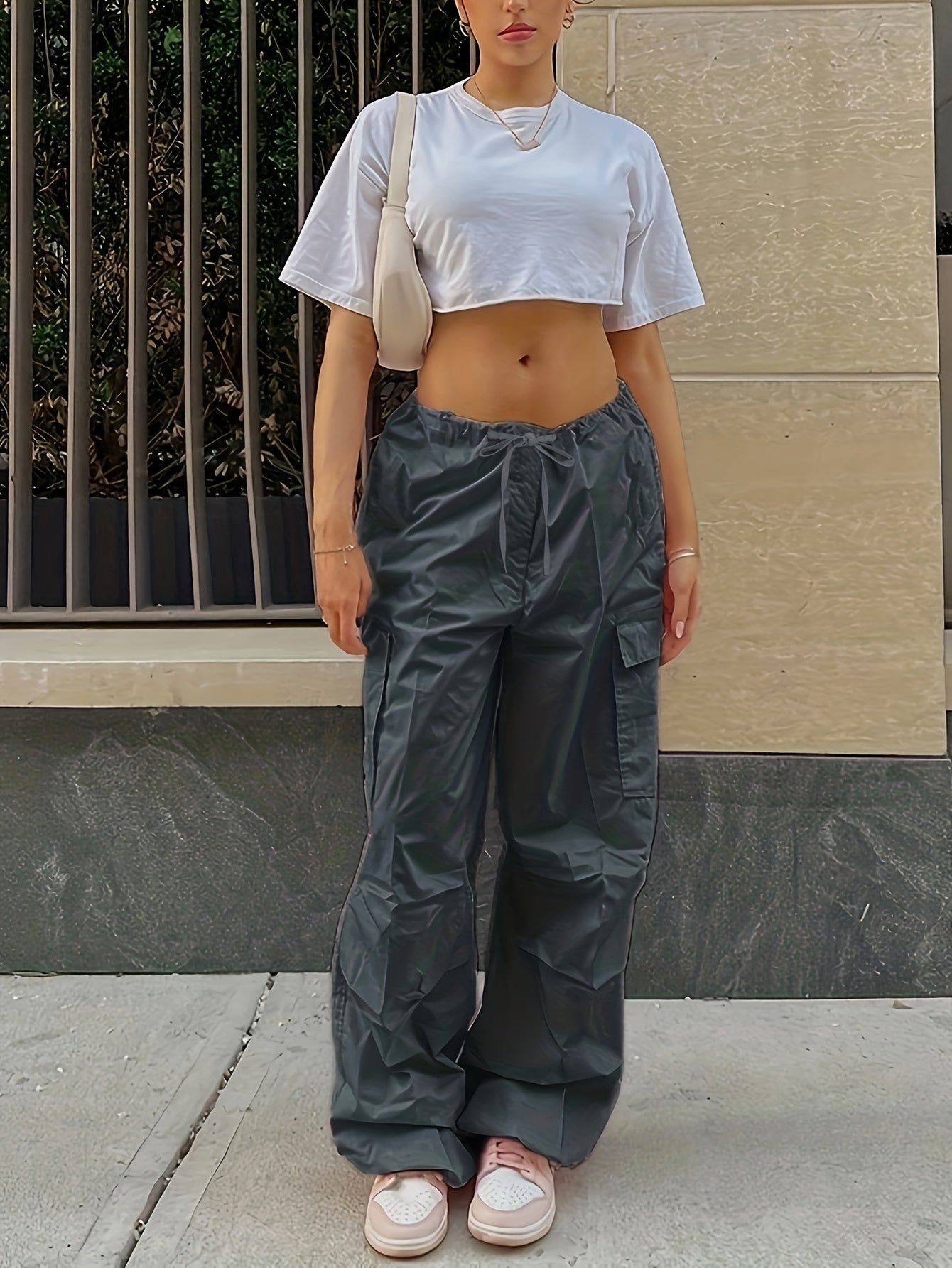 Y2K Loose Drawstring Cargo Pants, Casual Pocket High Waist Solid Wide Leg Fashion Comfy Pants, Women's Clothing