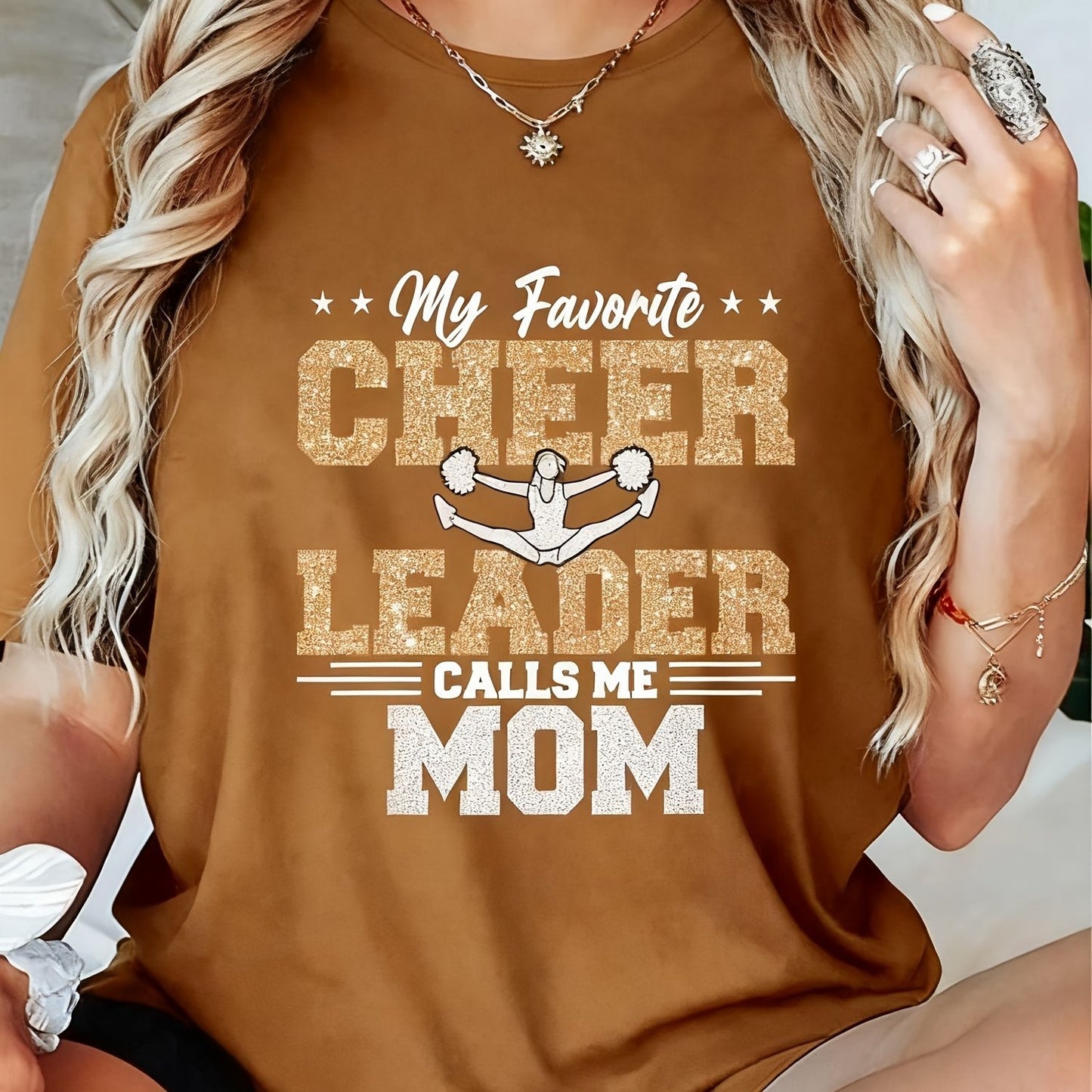 Women's Cheerleader Mom Slogan T-Shirt - "My Favorite LEADER Calls Me MOM" Short Sleeve Round Neck Top, Casual Brown Cheerleading Tee for Moms, Spring Summer Outfits, Dance Team Apparel & Gift Idea, Womens Tops And Blouses, T