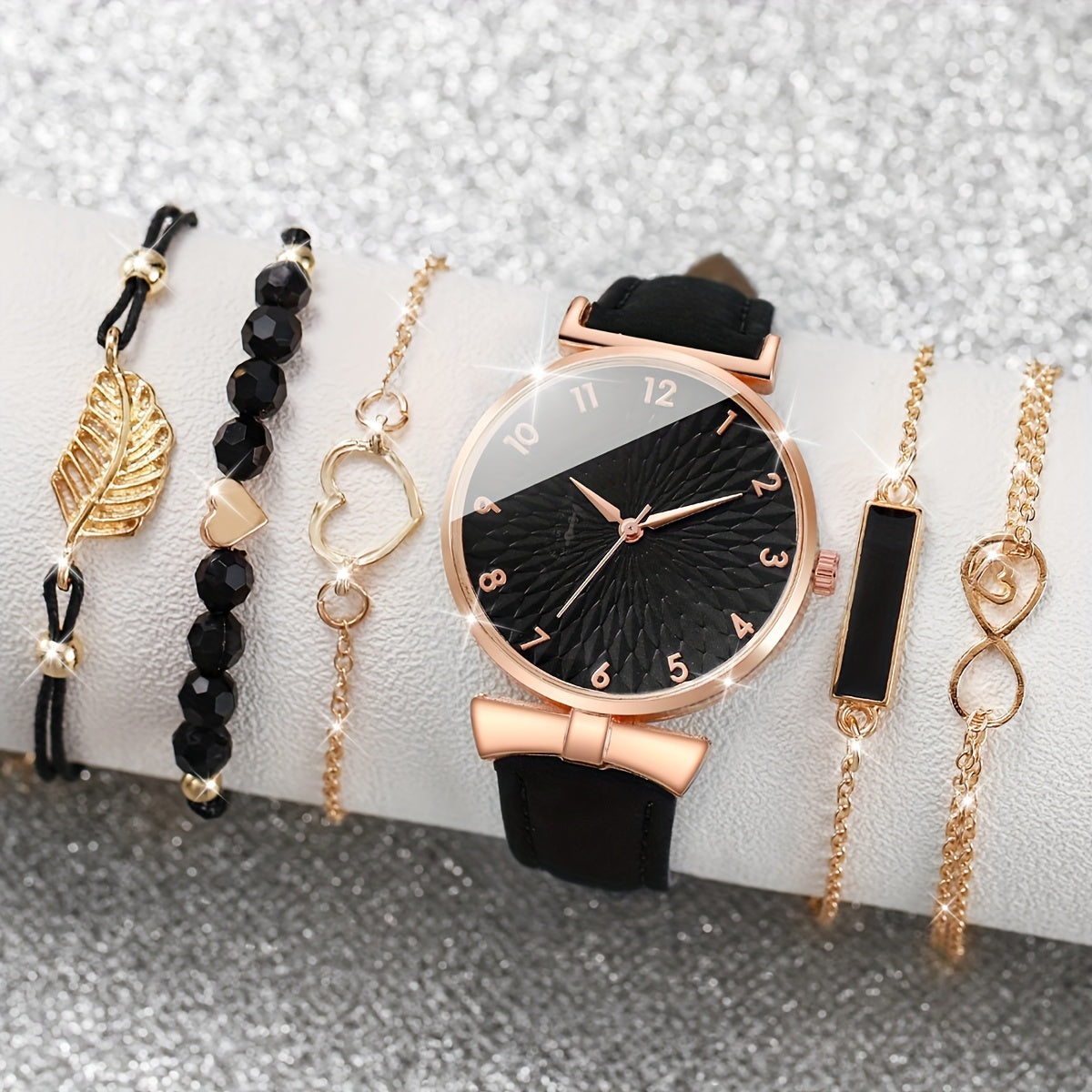 6pcs/set Women's Watch Casual Round Pointer Quartz Watch Analog PU Leather Wrist Watch & Heart Leaf Bracelets, Gift For Mom Her