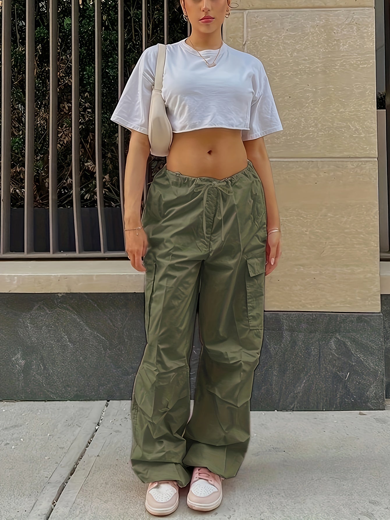 Y2K Loose Drawstring Cargo Pants, Casual Pocket High Waist Solid Wide Leg Fashion Comfy Pants, Women's Clothing