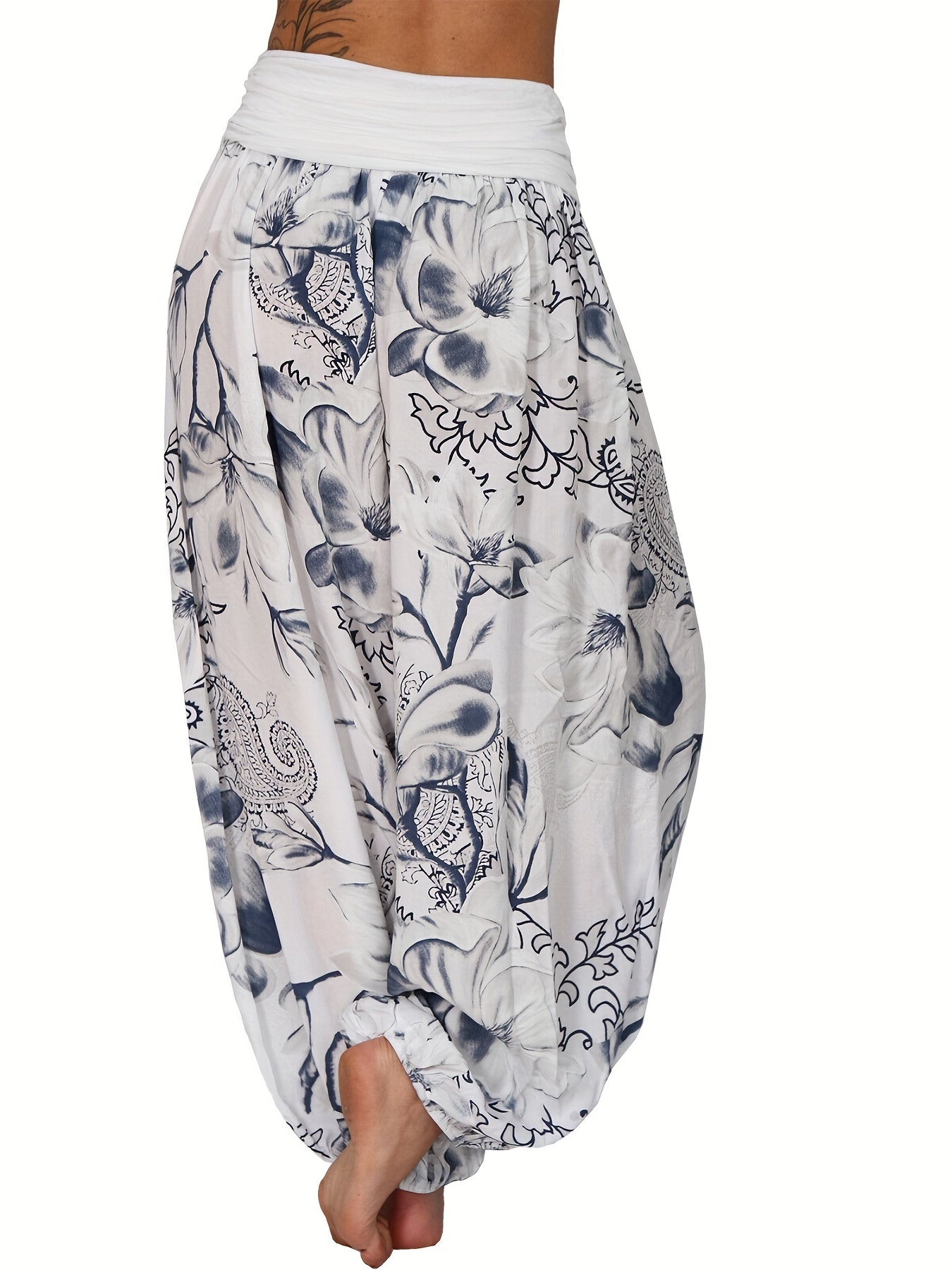 Women's Floral Print Harem Pants - Lightweight Polyester, Wide Leg, Casual Vacation Style, Blue and White Flowers, Relaxed Fit Pants|Vacation Style Pants|Machine Washable Fabric, Ladies Pants