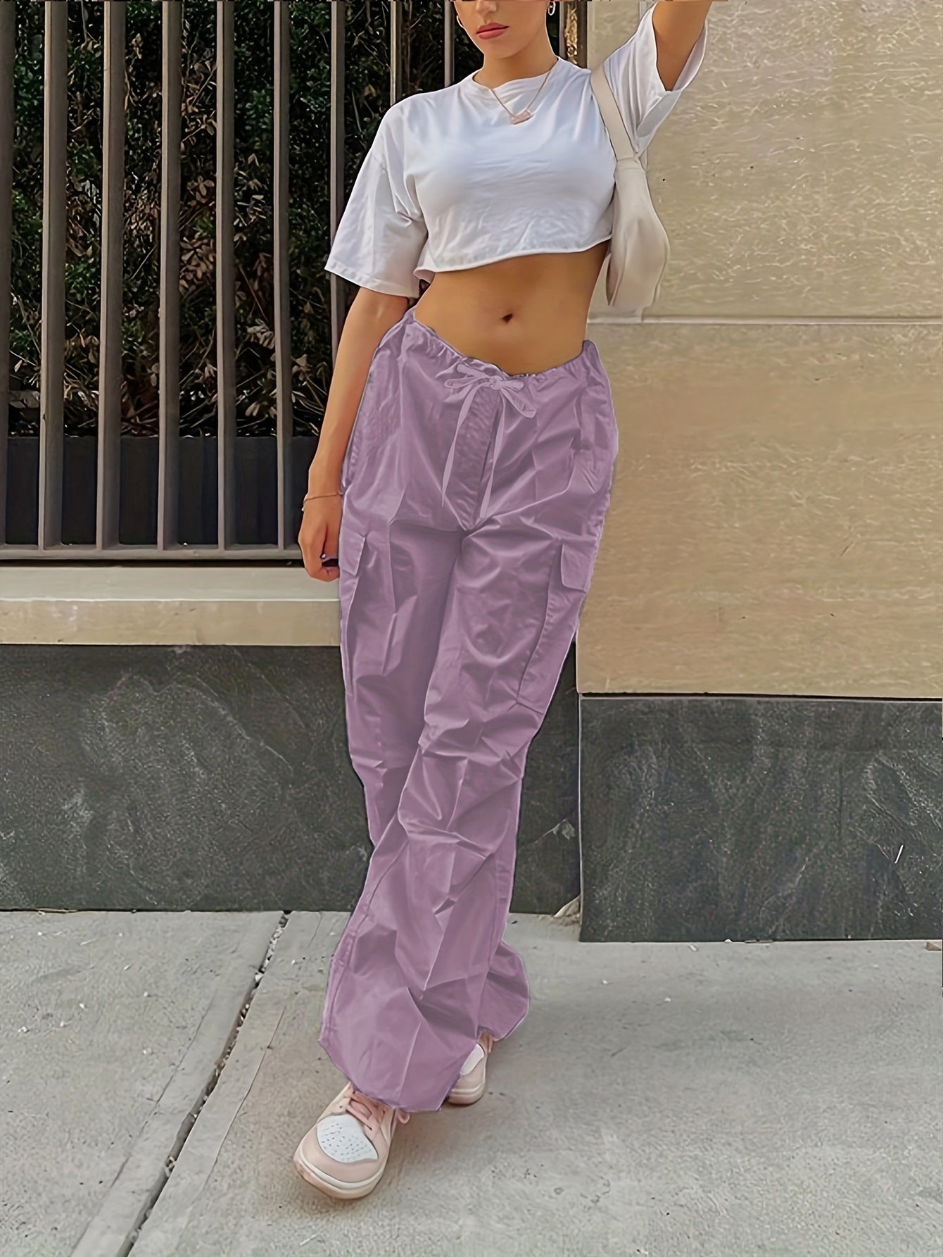 Y2K Loose Drawstring Cargo Pants, Casual Pocket High Waist Solid Wide Leg Fashion Comfy Pants, Women's Clothing