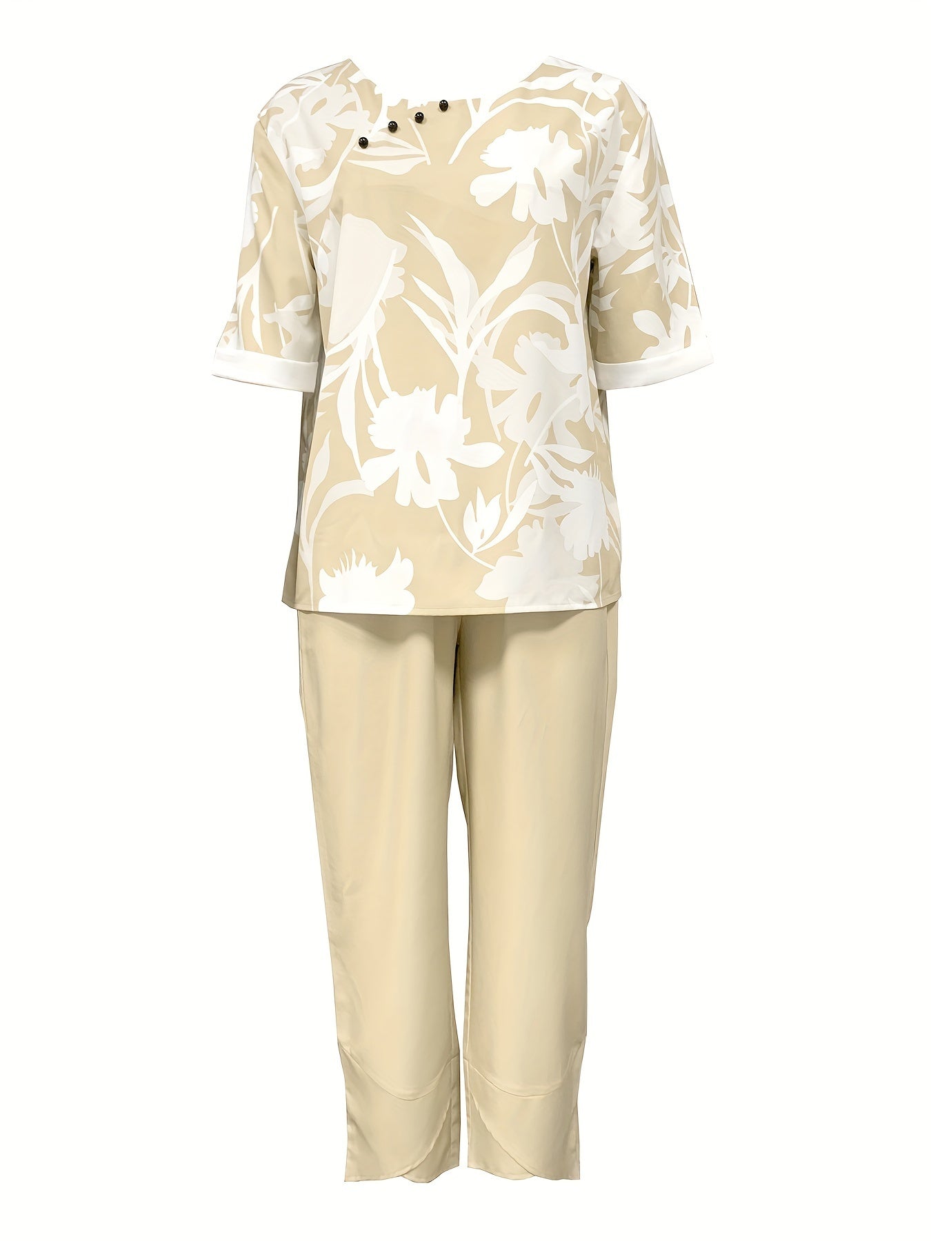 two-piece Women's Plant Print Top and Elastic Waist Pants Outfit - Comfortable and Stylish