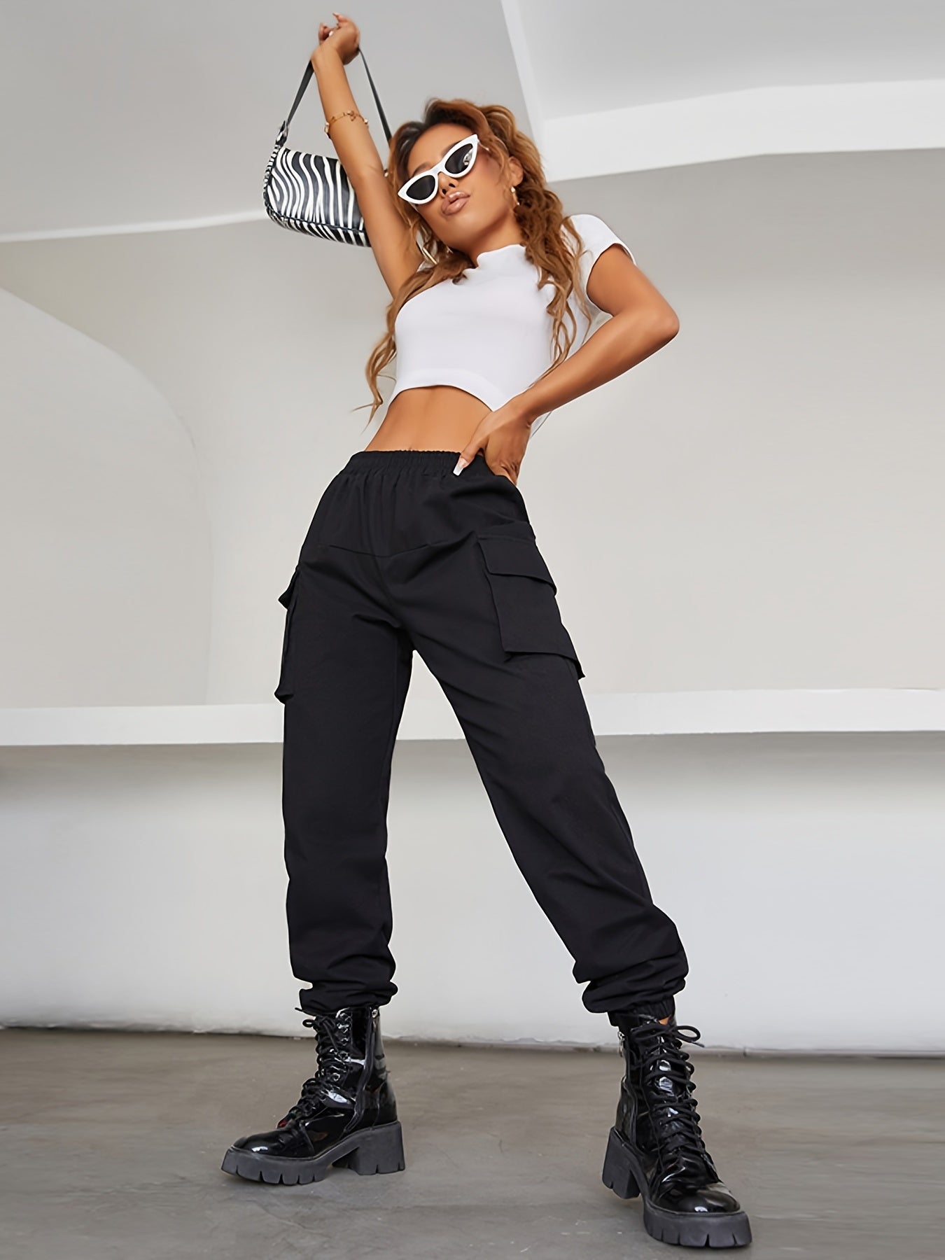 Y2K Jogger Cargo Pants, Streetwear Gothic Casual Baggy Pants For Spring & Fall, Women's Clothing