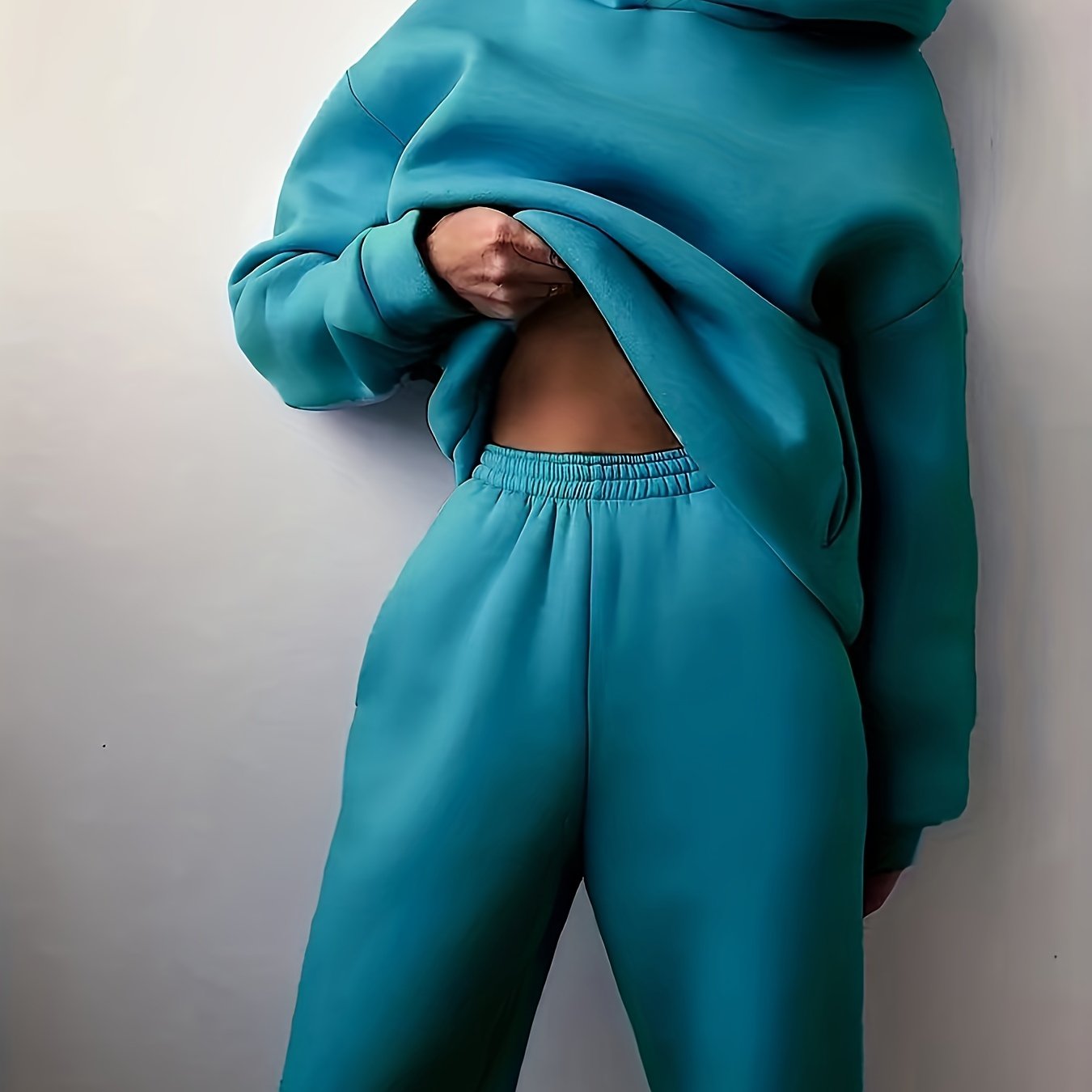 Casual Solid Two-piece Set, Kangaroo Pocket Hoodie & Elastic Waist Pants Outfits, Women's Clothing