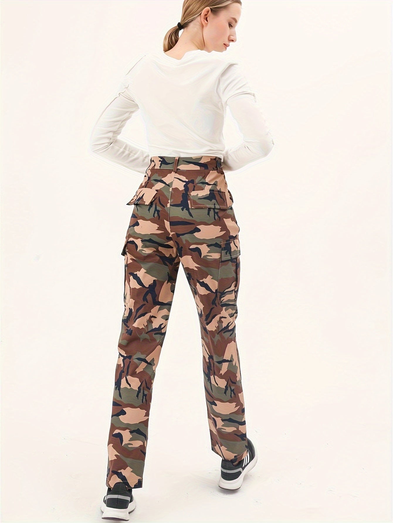 Camo Print Cargo Pants, Casual Long Length Versatile Pants With Pockets, Women's Clothing