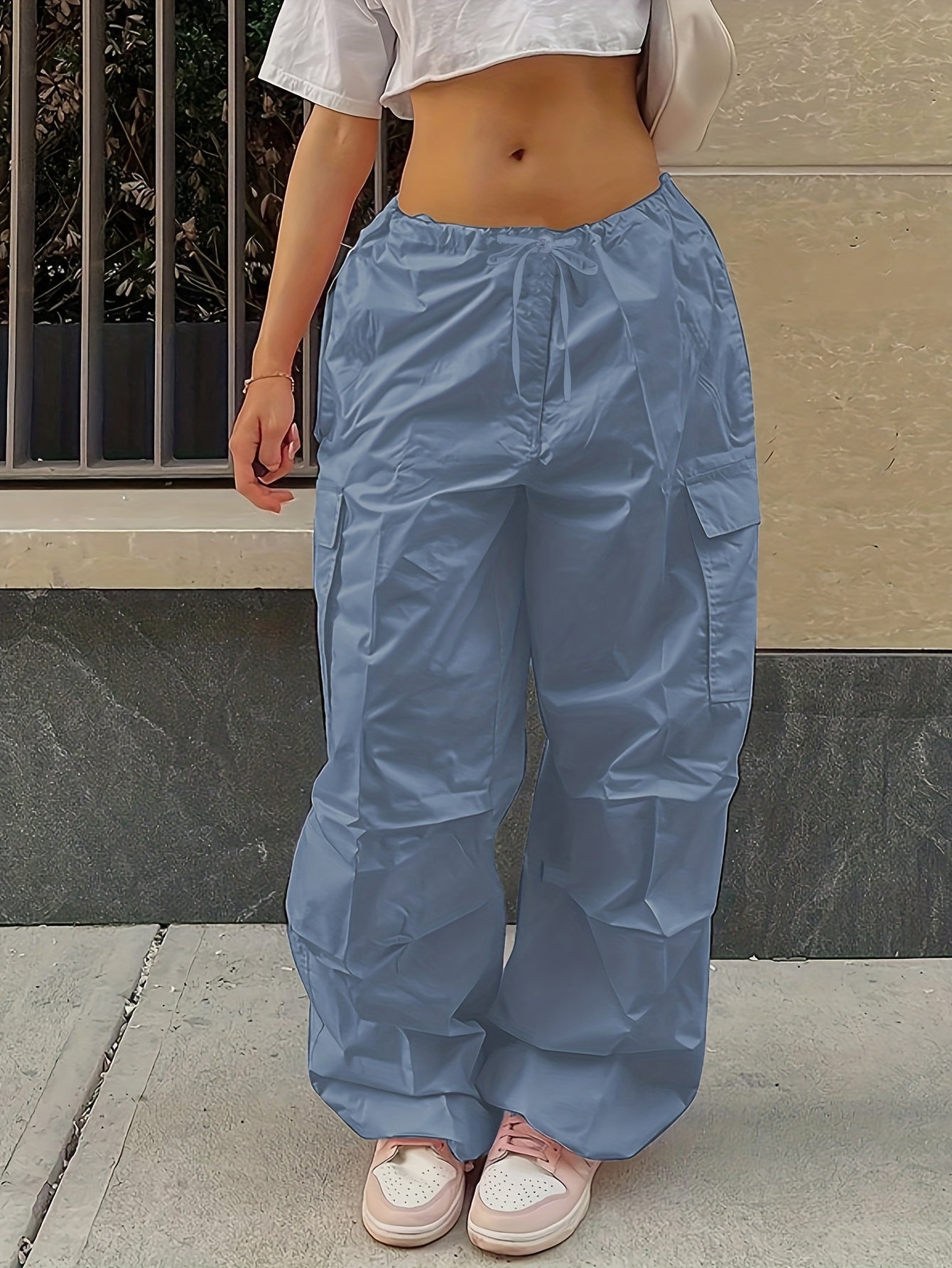 Y2K Loose Drawstring Cargo Pants, Casual Pocket High Waist Solid Wide Leg Fashion Comfy Pants, Women's Clothing