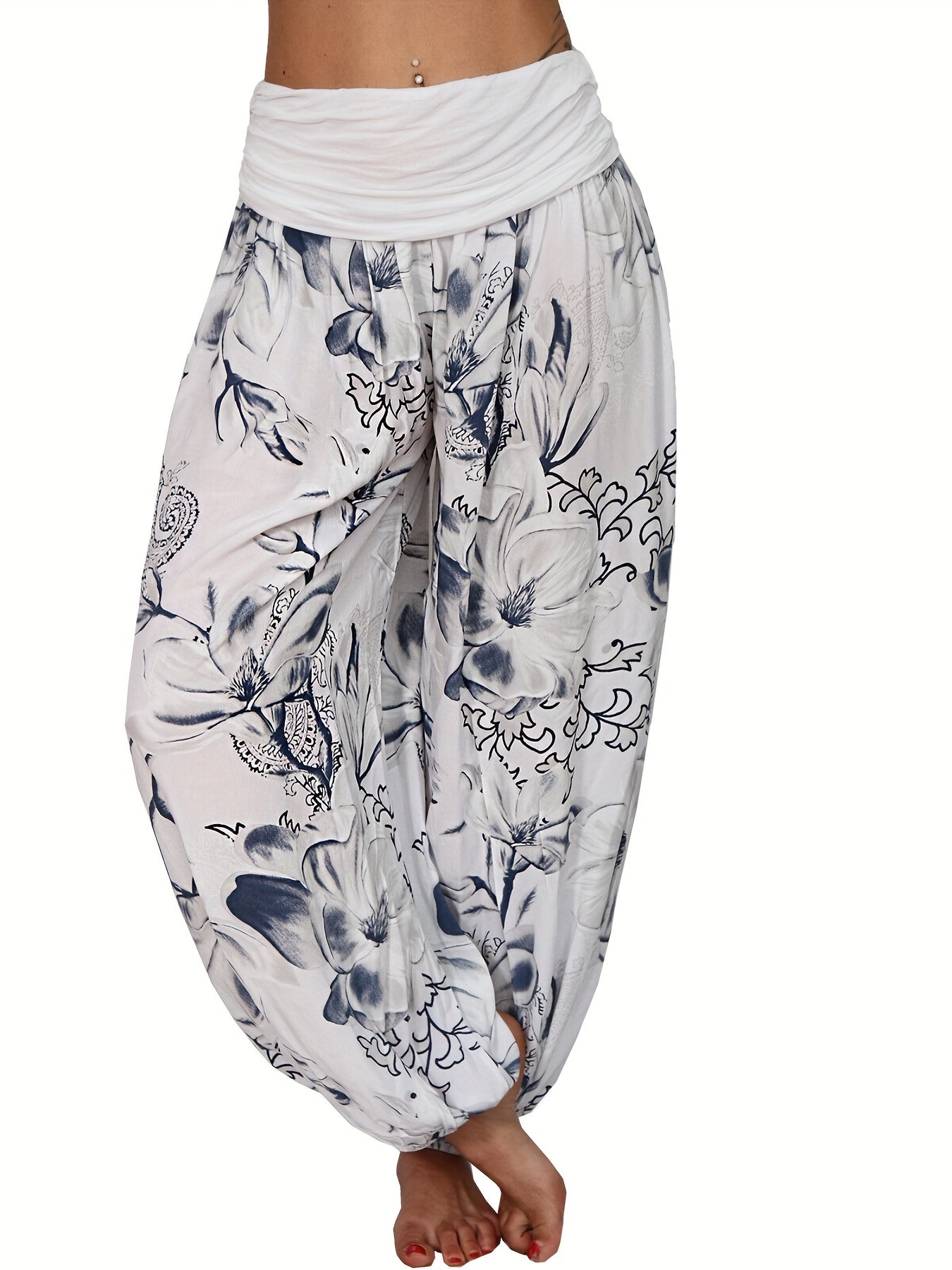 Women's Floral Print Harem Pants - Lightweight Polyester, Wide Leg, Casual Vacation Style, Blue and White Flowers, Relaxed Fit Pants|Vacation Style Pants|Machine Washable Fabric, Ladies Pants