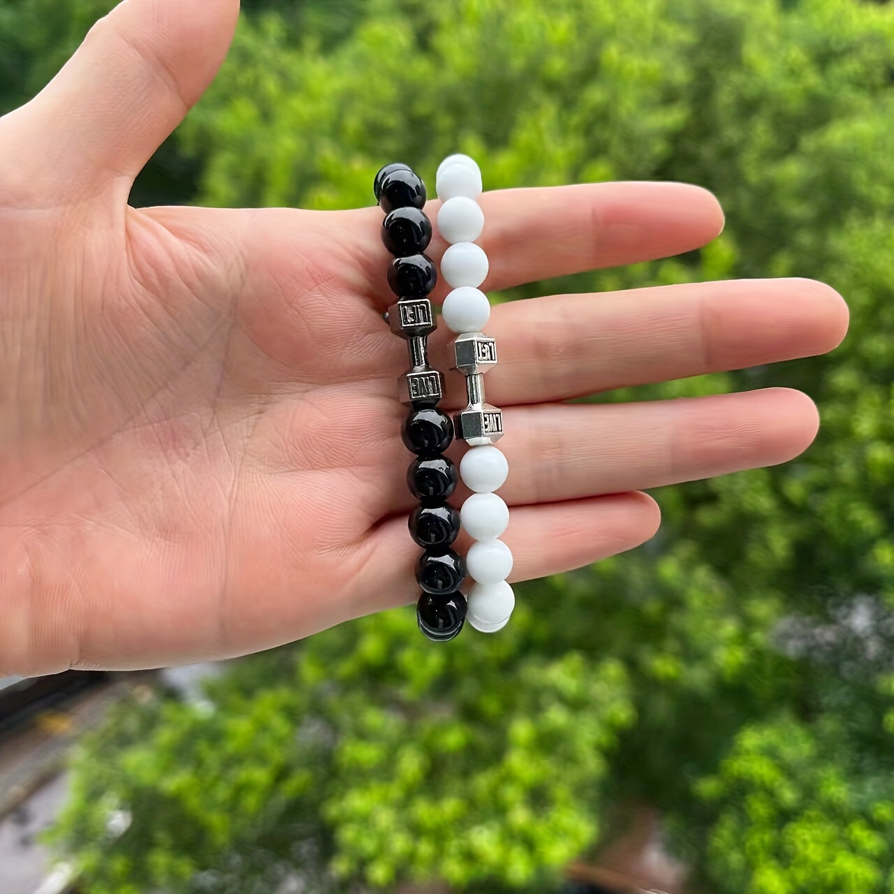 2pcs Men Dumbbell Decor Beaded Bracelets, Gift For Family And Friends, Holiday Birthday Gift For Boyfriends