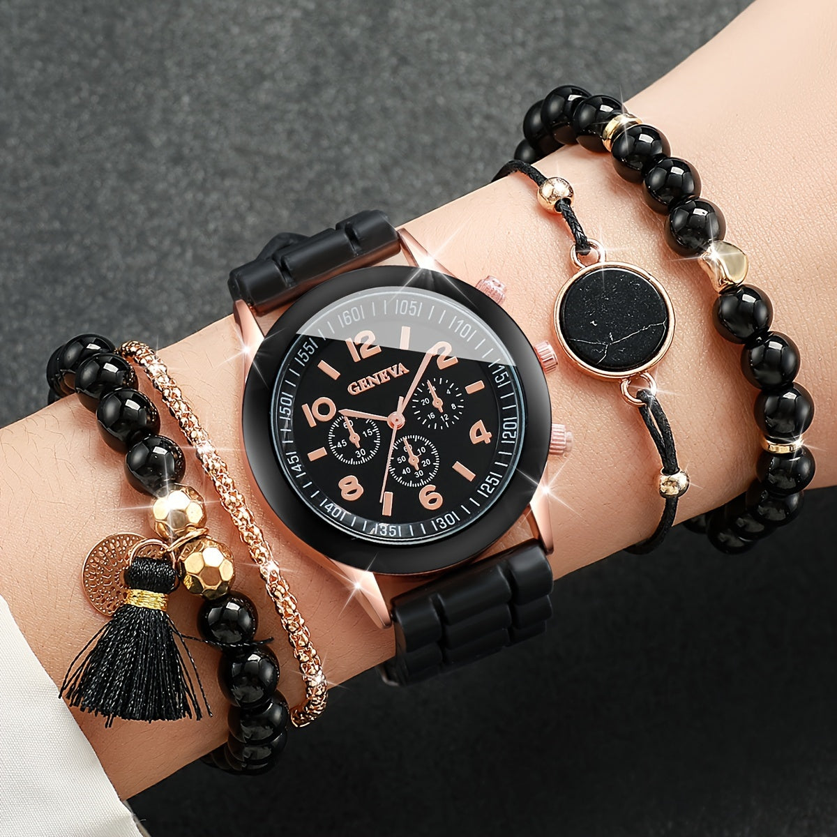 5pcs/set Women's Casual Fashion Quartz Watch Analog Silicone Band Wrist Watch & Bracelets, Gift For Mom Her