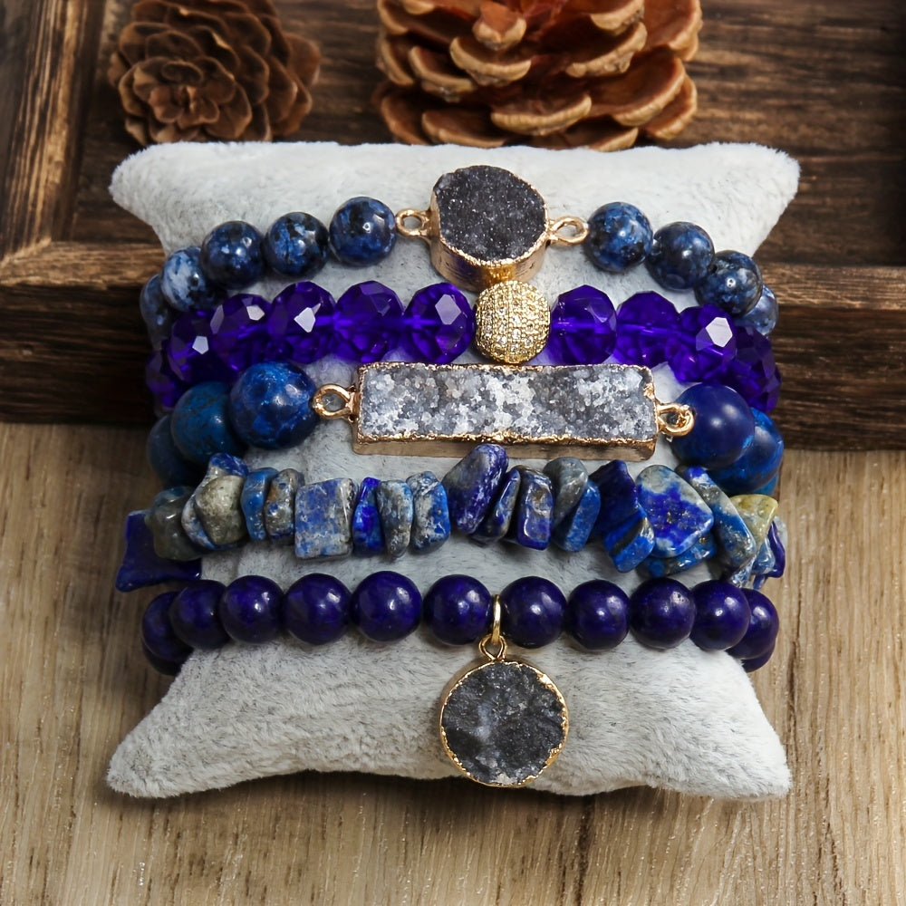5pcs Bohemian Classic Beaded Bracelet Set, Natural Stone Druzy Gravel Glass, February Birthstone, Elastic Stackable Bracelets for Daily & Vacation Wear, Synthetic Zirconia Accents, All Seasons