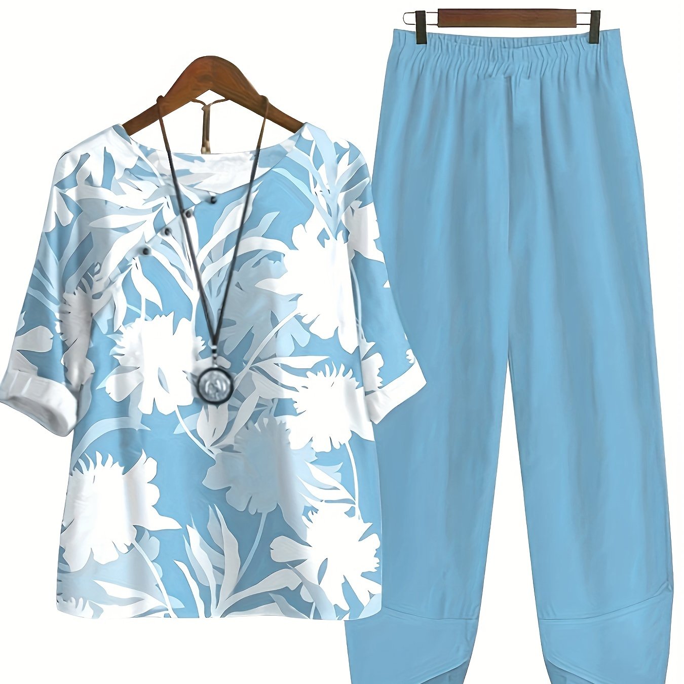 two-piece Women's Plant Print Top and Elastic Waist Pants Outfit - Comfortable and Stylish