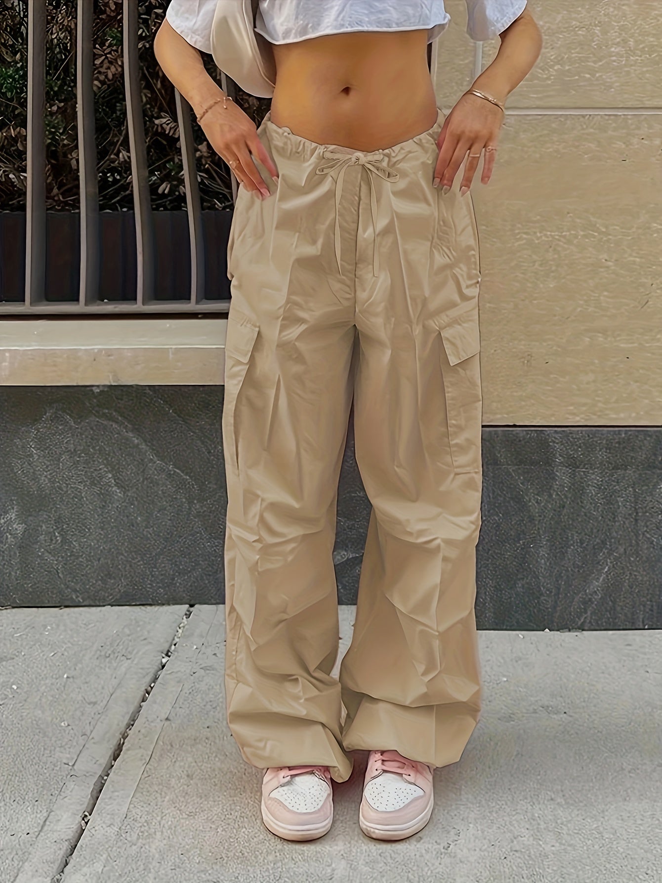 Y2K Loose Drawstring Cargo Pants, Casual Pocket High Waist Solid Wide Leg Fashion Comfy Pants, Women's Clothing