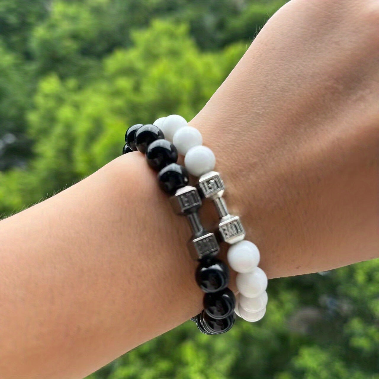 2pcs Men Dumbbell Decor Beaded Bracelets, Gift For Family And Friends, Holiday Birthday Gift For Boyfriends