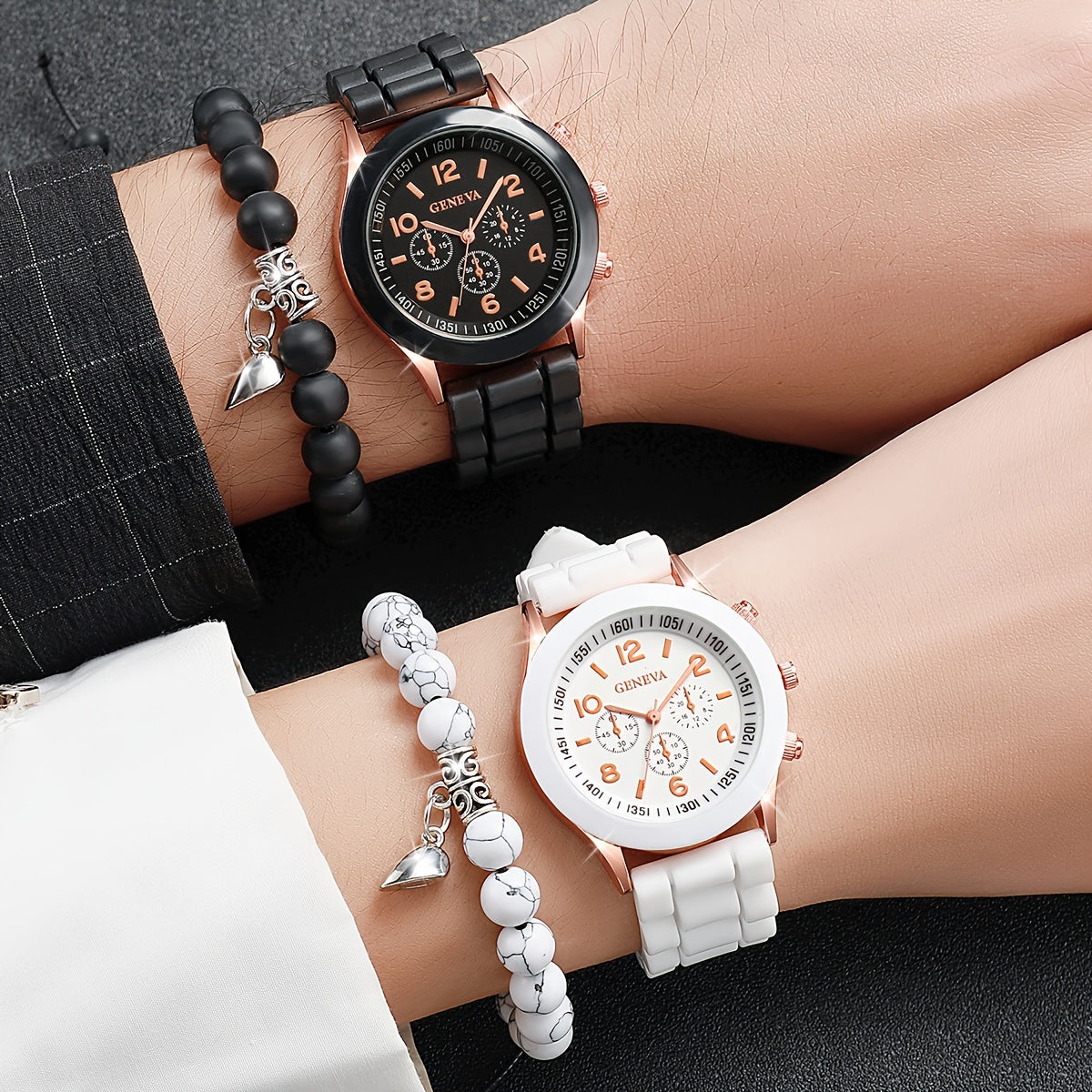4pcs/set Casual Fashion Couples Quartz Watch Analog Silicone Wrist Watch & Heart Matching Bracelets, Valentines Gift For Him Her