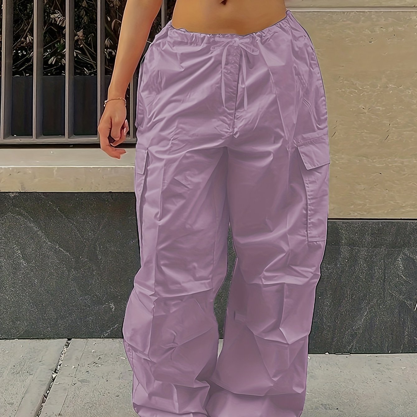 Y2K Loose Drawstring Cargo Pants, Casual Pocket High Waist Solid Wide Leg Fashion Comfy Pants, Women's Clothing