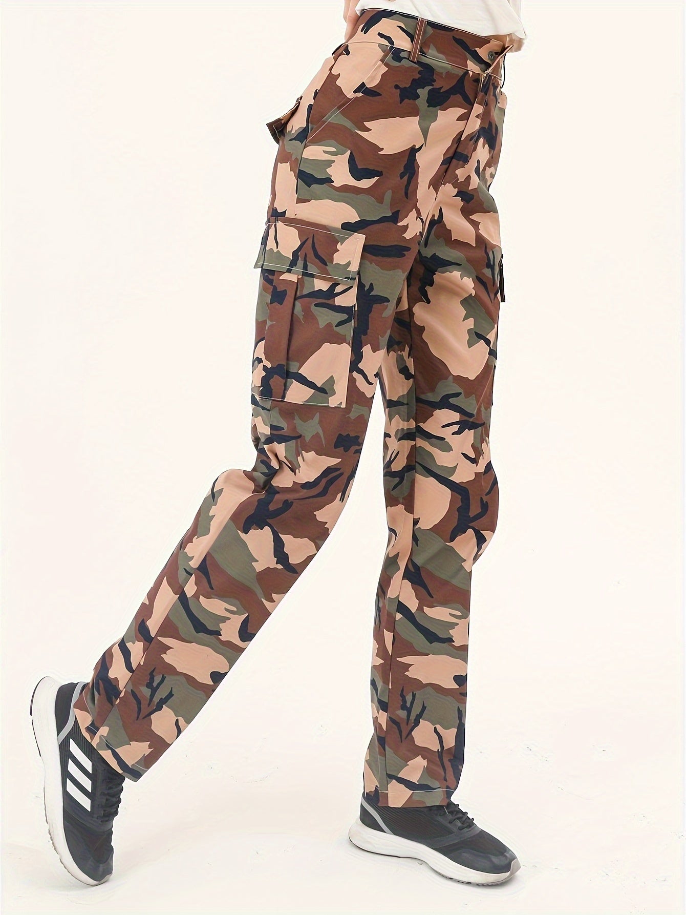 Camo Print Cargo Pants, Casual Long Length Versatile Pants With Pockets, Women's Clothing