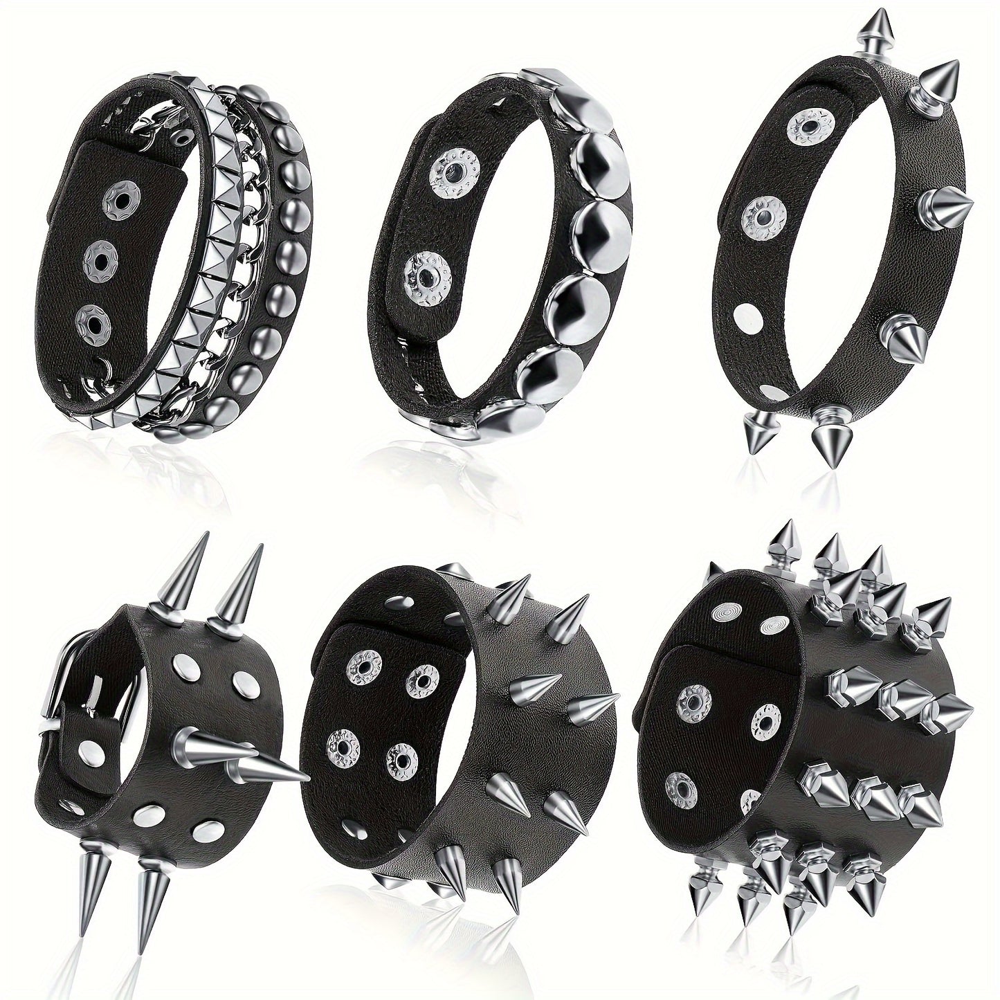 6pcs Punk Gothic Faux Leather Bracelets with Studded Spikes & Rivet Buckles - Adjustable Black Wristbands for Men, 80s Rock Style Party Accessories