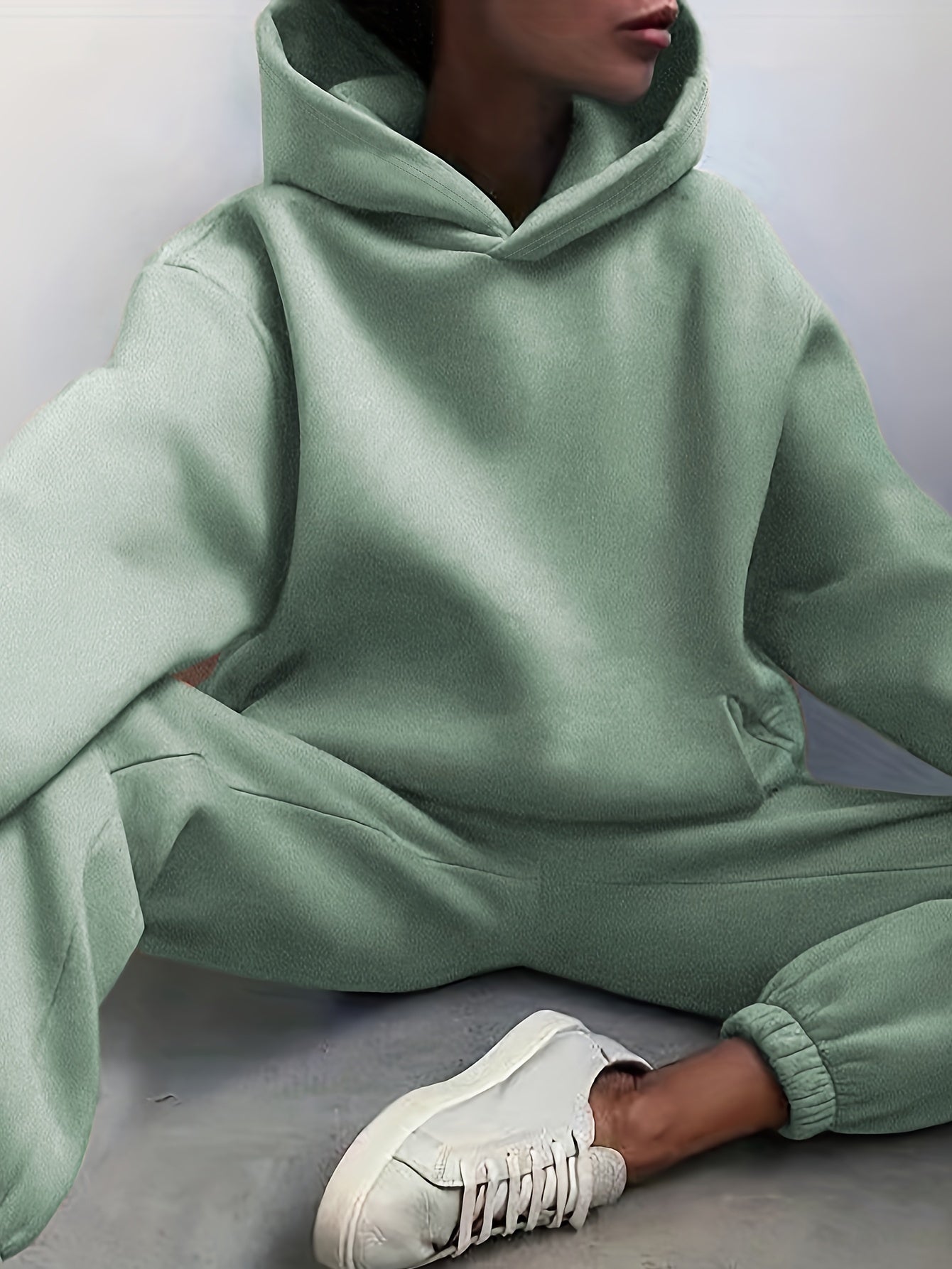Two-Piece Hooded Set - Soft Polyester Knit Fabric, Drop Shoulder Long Sleeve Hoodie with Pocket, Elastic Waist Jogger Pants for Women, Casual Solid Color Outfit for Fall and Winter Seasons